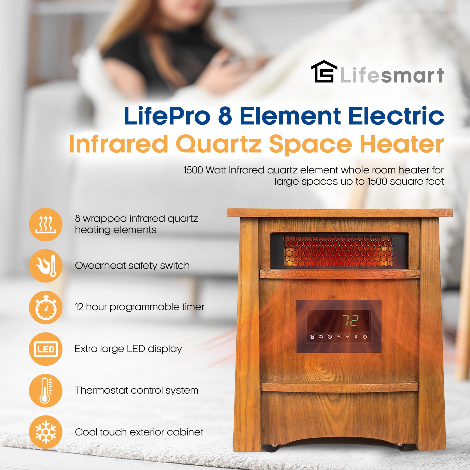 LifeSmart LifePro Ultimate 1500W Electric Infrared Quartz Space Heater with Remote Control - 8 Heating Elements for Home, Office & Bedroom - Energy Efficient Indoor Heater in Brown Oak Wood Finish