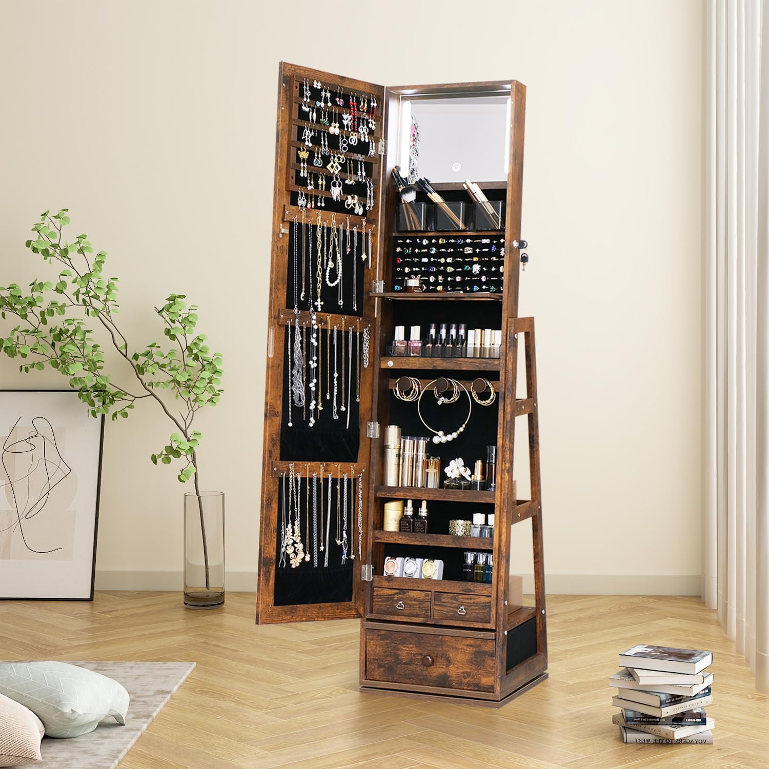 360° Swivel Full Length Mirror Jewelry Armoire with Lockable Drawers - Rustic Brown Standing Wardrobe with Built-In Mirror & 3 Secure Storage Compartments - Perfect Gift for Women, Bedroom Vanity Organizer for Necklaces, Rings & Cosmetics