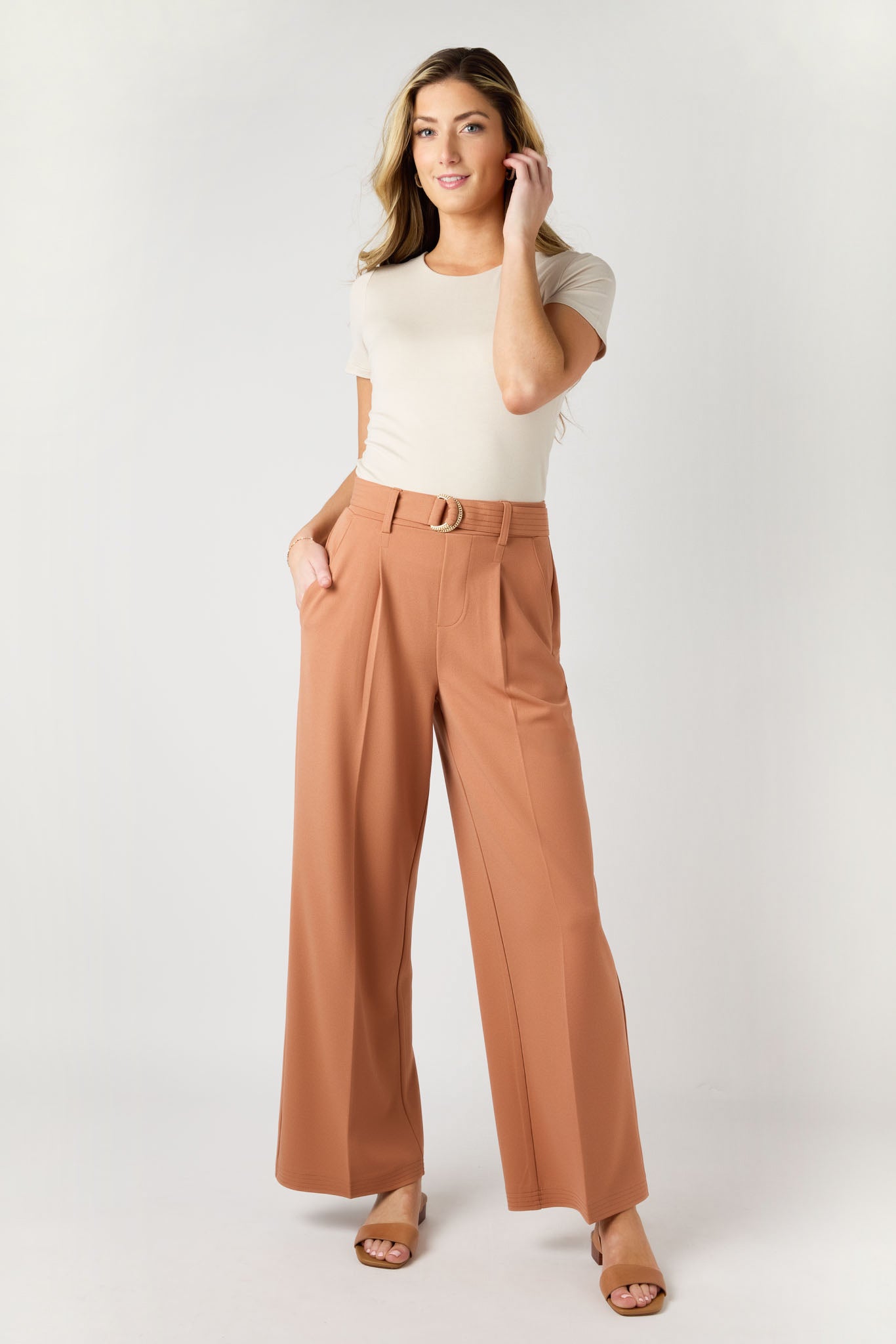 Stylish Knit Crepe Wide Leg Pants with Adjustable D-Ring Belt - Comfortable High Waisted Trousers for Women, Perfect for Office, Casual Outfits & Travel