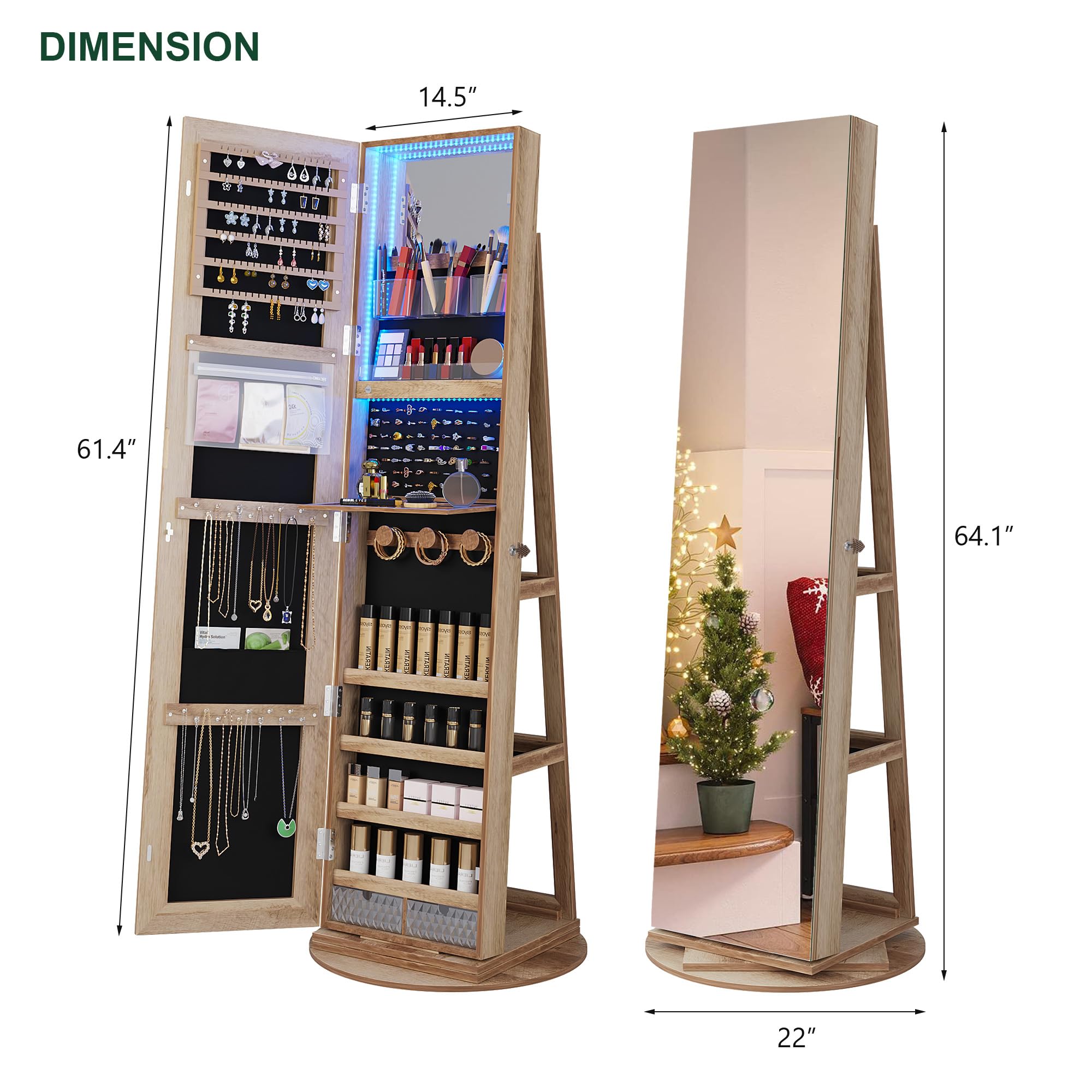 360° Swivel Jewelry Cabinet with LED Lights - Standing Jewelry Armoire Organizer with Full Length Mirror & Lockable Storage | Wooden Jewelry Box for Bedroom, Closet & Dressing Room Organization