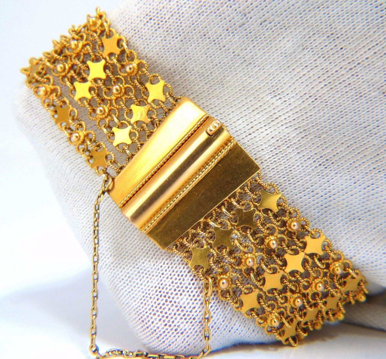 18Kt Yellow Gold Vintage Wide Cuff Bracelet - Hinged Mesh Link Beads (7.5 Inches) - Elegant Statement Jewelry for Parties, Weddings & Special Occasions
