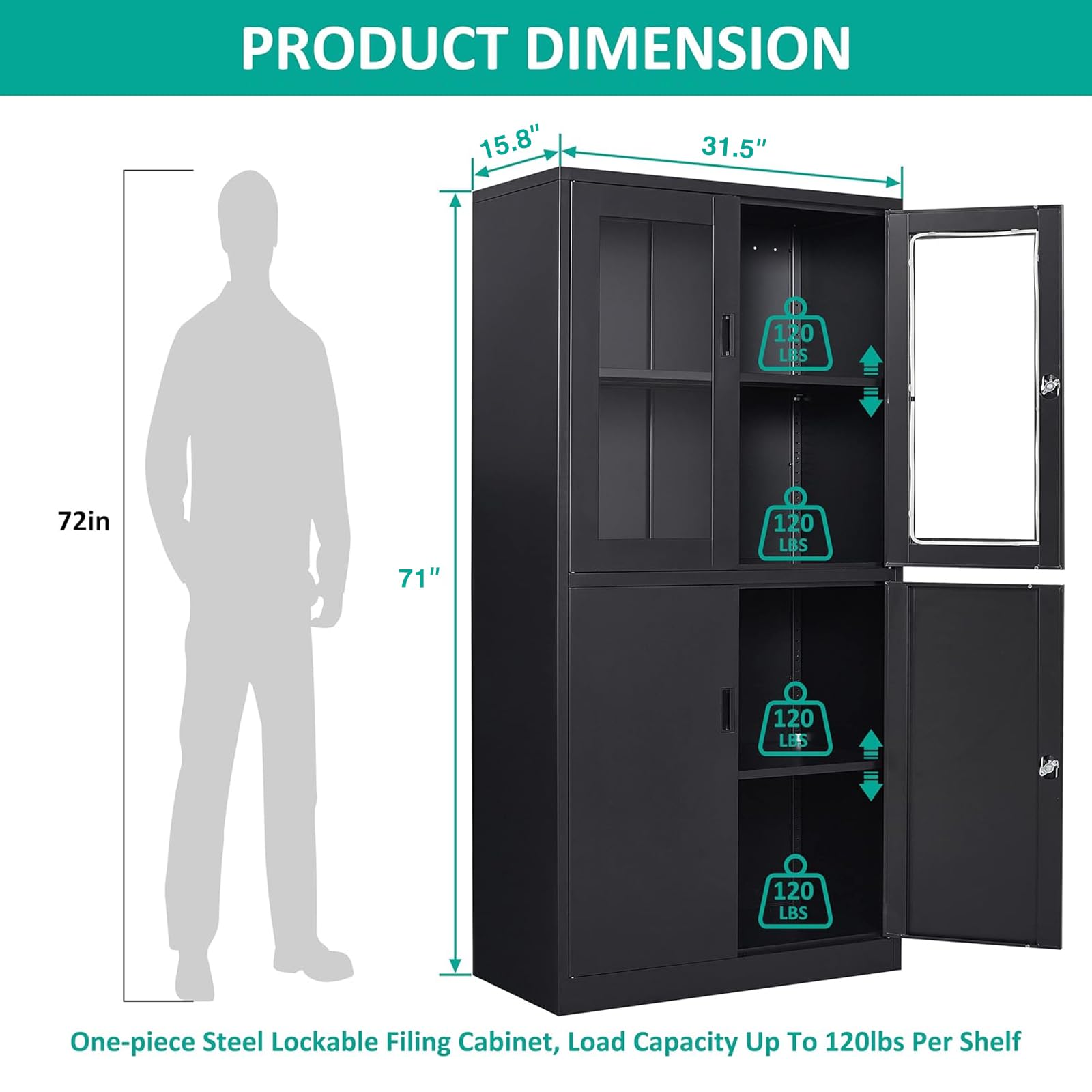 Black Metal Display Cabinet with Glass Doors & Lock - Freestanding Storage Cabinet for Kitchen, Pantry, Bathroom or Home Office - Perfect for Organizing Dishes, Food, Towels & Office Supplies