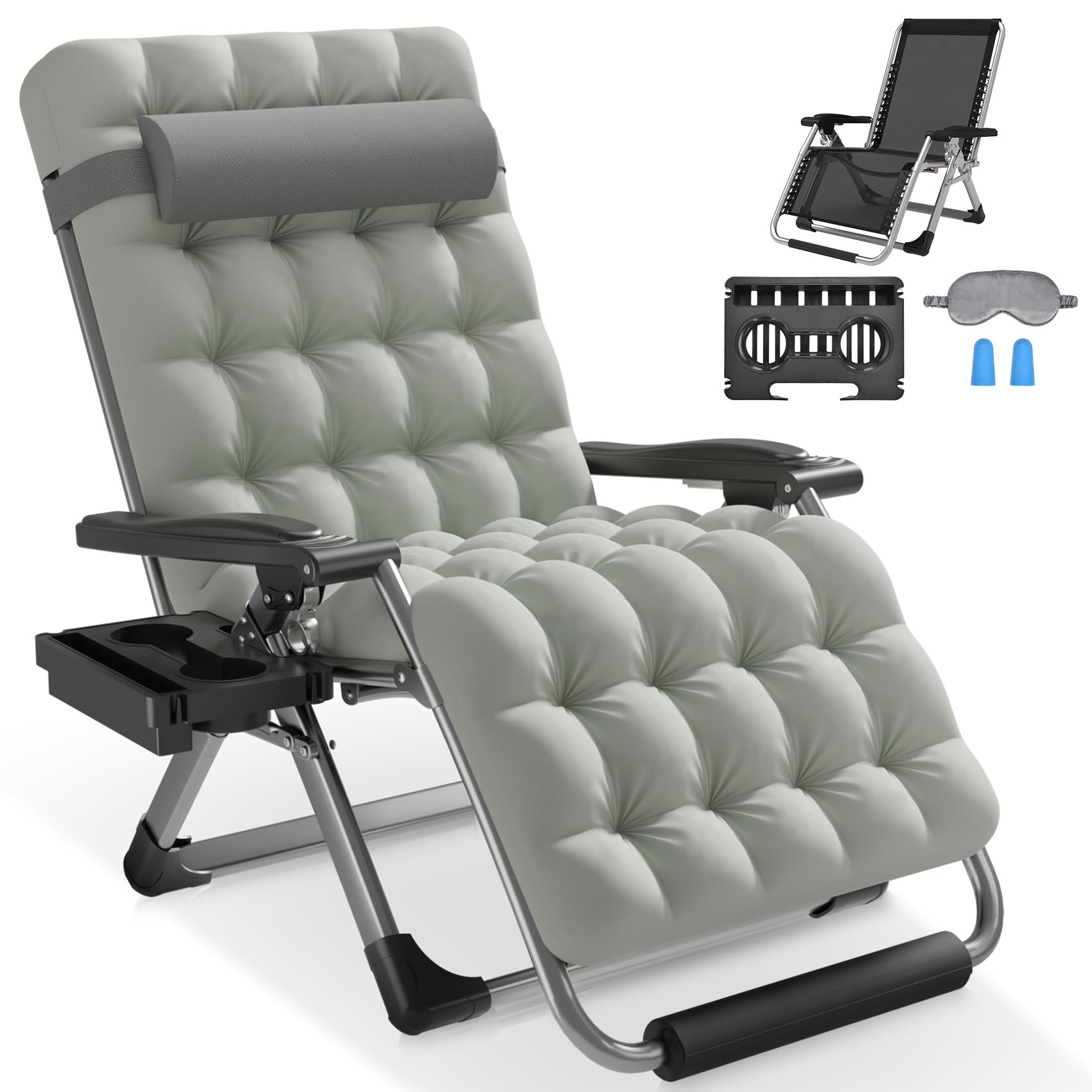 Slendor Oversized Padded Zero Gravity Chair XXL - 33 Inch Heavy Duty Recliner with Pillow & Footrest - 500lb Capacity Folding Lounge Chair for Indoor/Outdoor Use - Perfect for Patio, Poolside, Camping & Backyard Relaxation