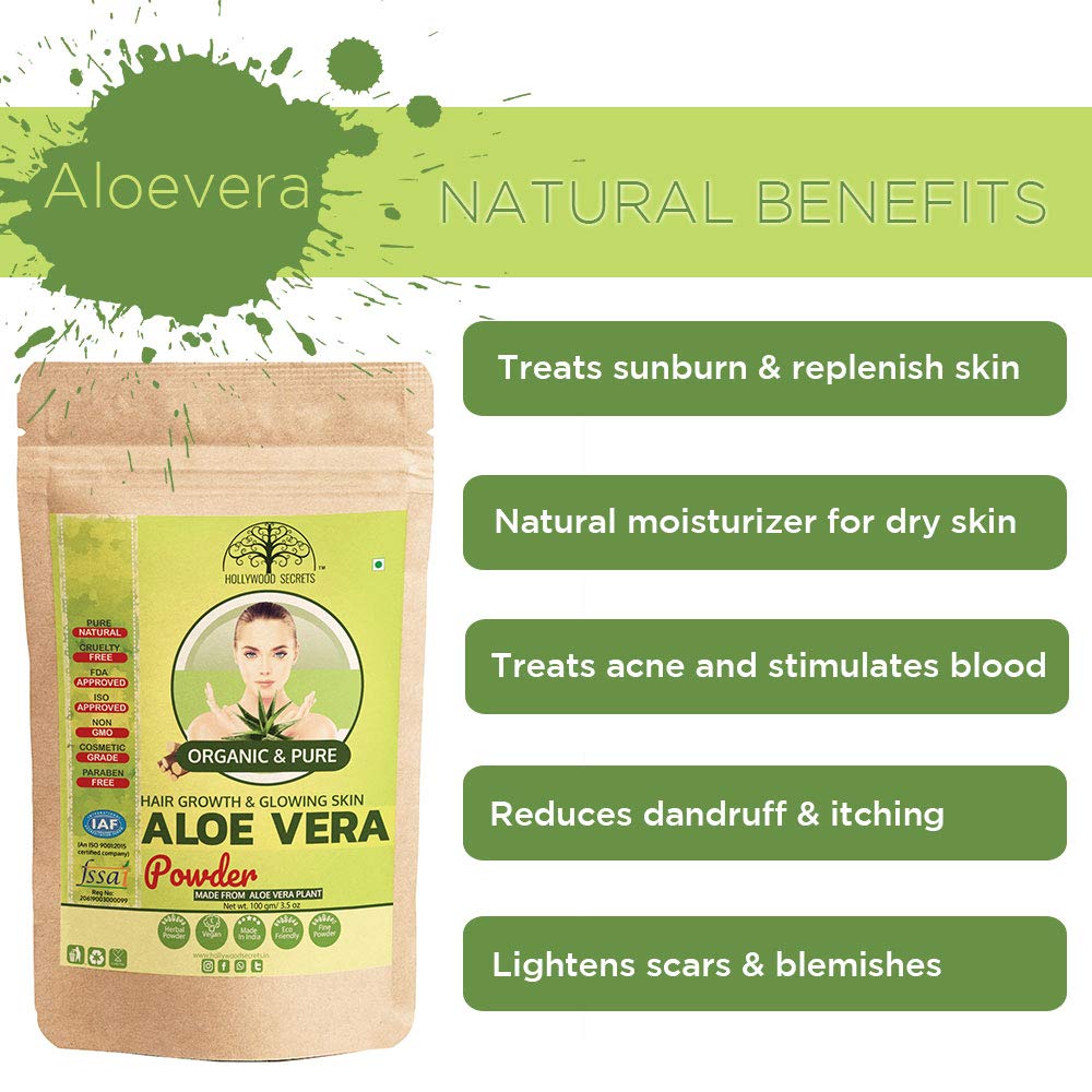 100% Organic Aloe Vera Powder for Skin & Hair Care | Anti-Hairfall & Oil Control Treatment | Hollywood Secrets Beauty Solution | Face Mask & Hair Growth Scenarios