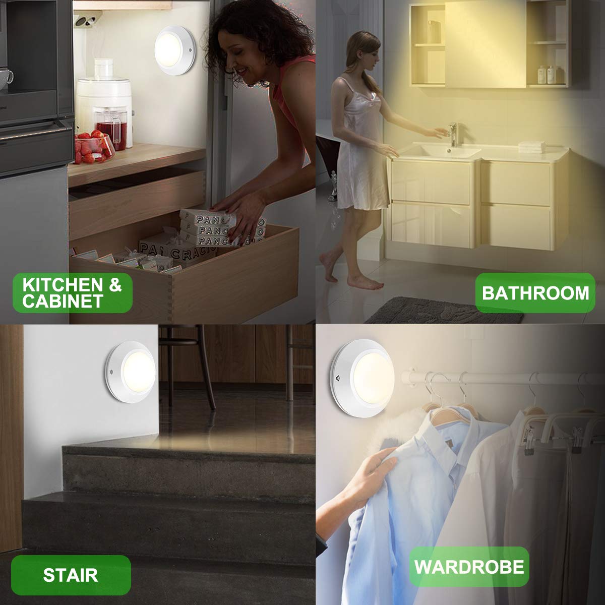 HONWELL Puck Lights with Remote - 6 Pack Cordless Battery Powered LED Closet Lights, Under Cabinet Lighting for Kitchen, Shelf, Wardrobe - Tap & Push Button Operation for Easy Use