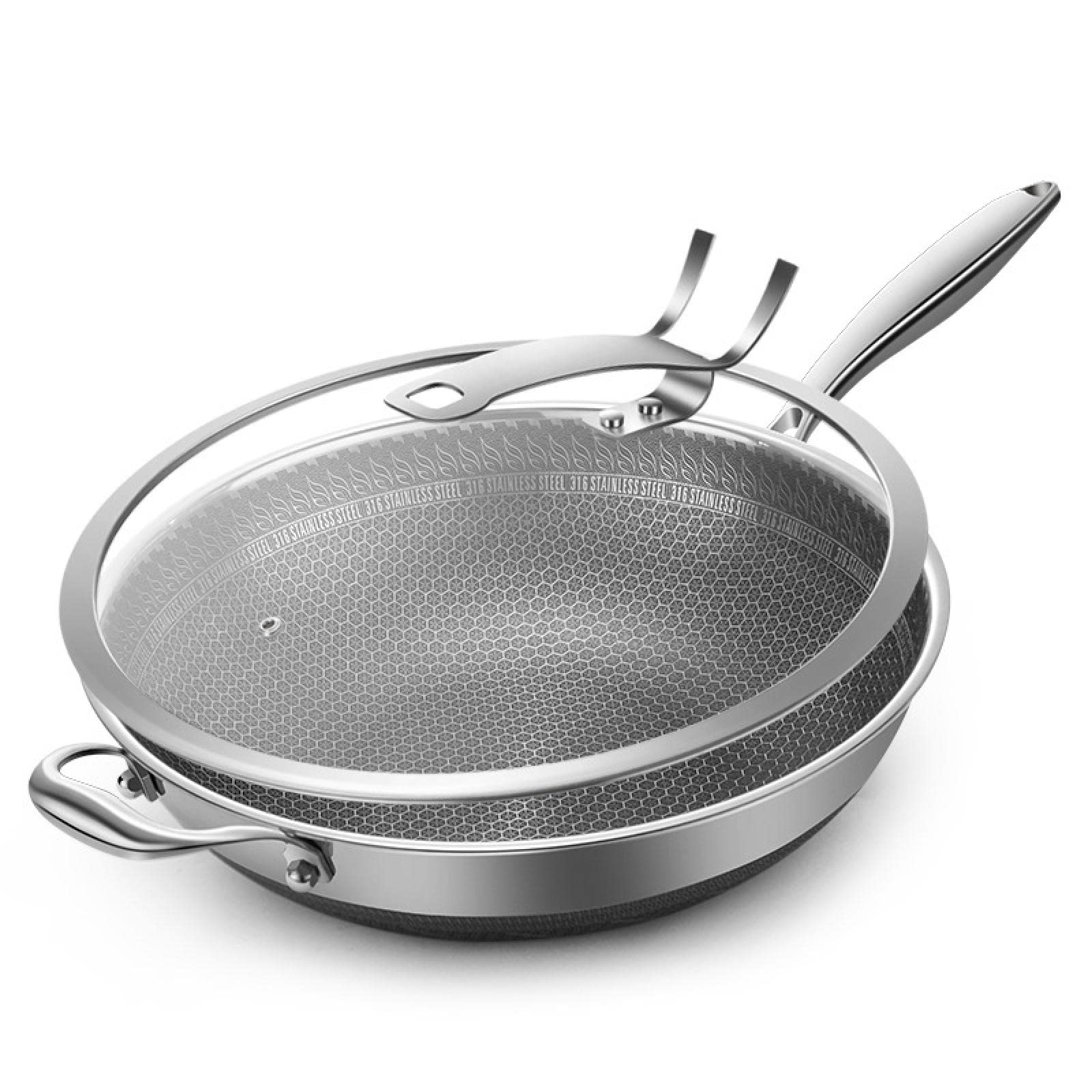 **13 Inch Nonstick Frying Pan with Lid - Honeycomb Hybrid PFOA-Free, 5-Layer 316 Stainless Steel Chef Skillet, Induction & Oven Safe - Perfect for Sautéing, Frying & Baking at Home**