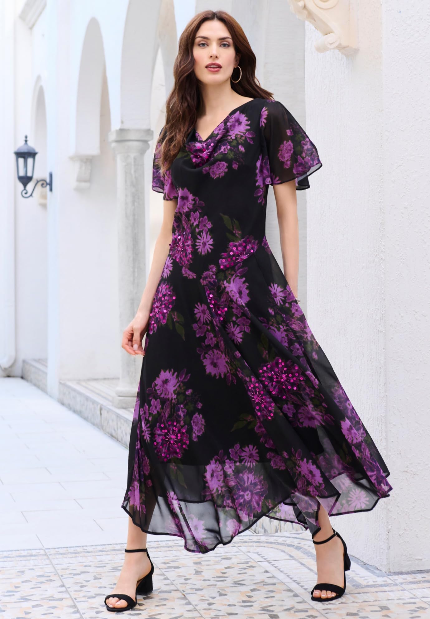 Romantic Women's Plus Size Floral Sequin Party Dress for Evening Gala, Wedding Guest & Special Occasions