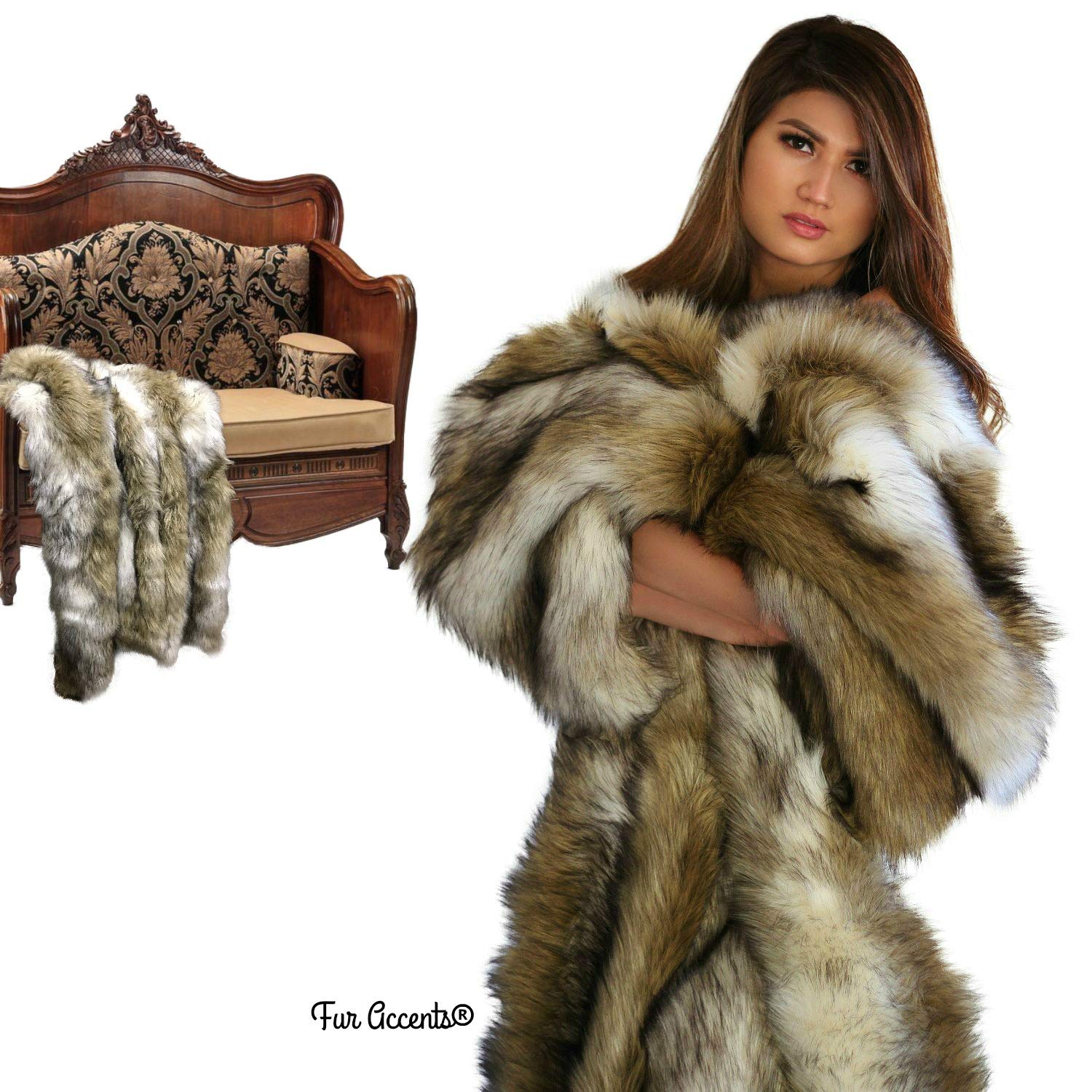Luxury Faux Fur Throw Blanket - Brown Coyote Stripe Wolf Skin Design - 48