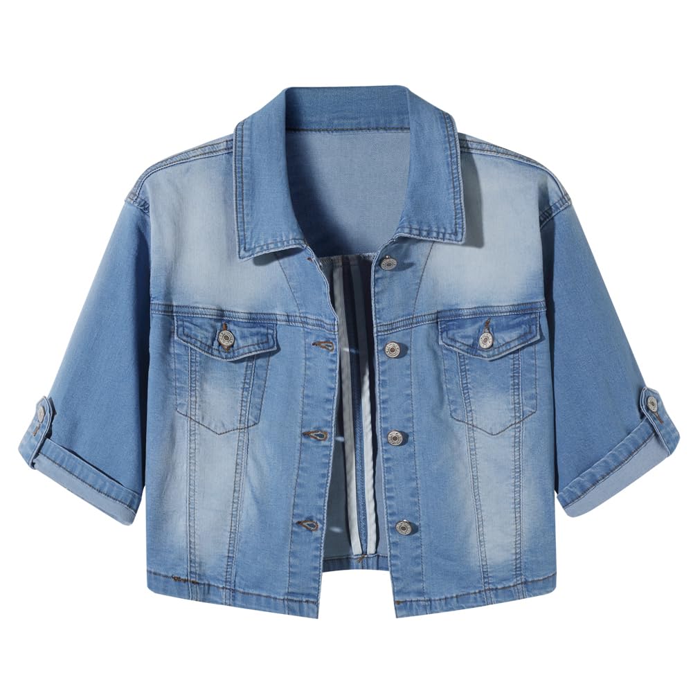 Women's Stretch Denim Jacket - Short Sleeve Button Down Jean Jacket with Shawl Collar | Casual Outfit Essential for Spring & Summer Fashion