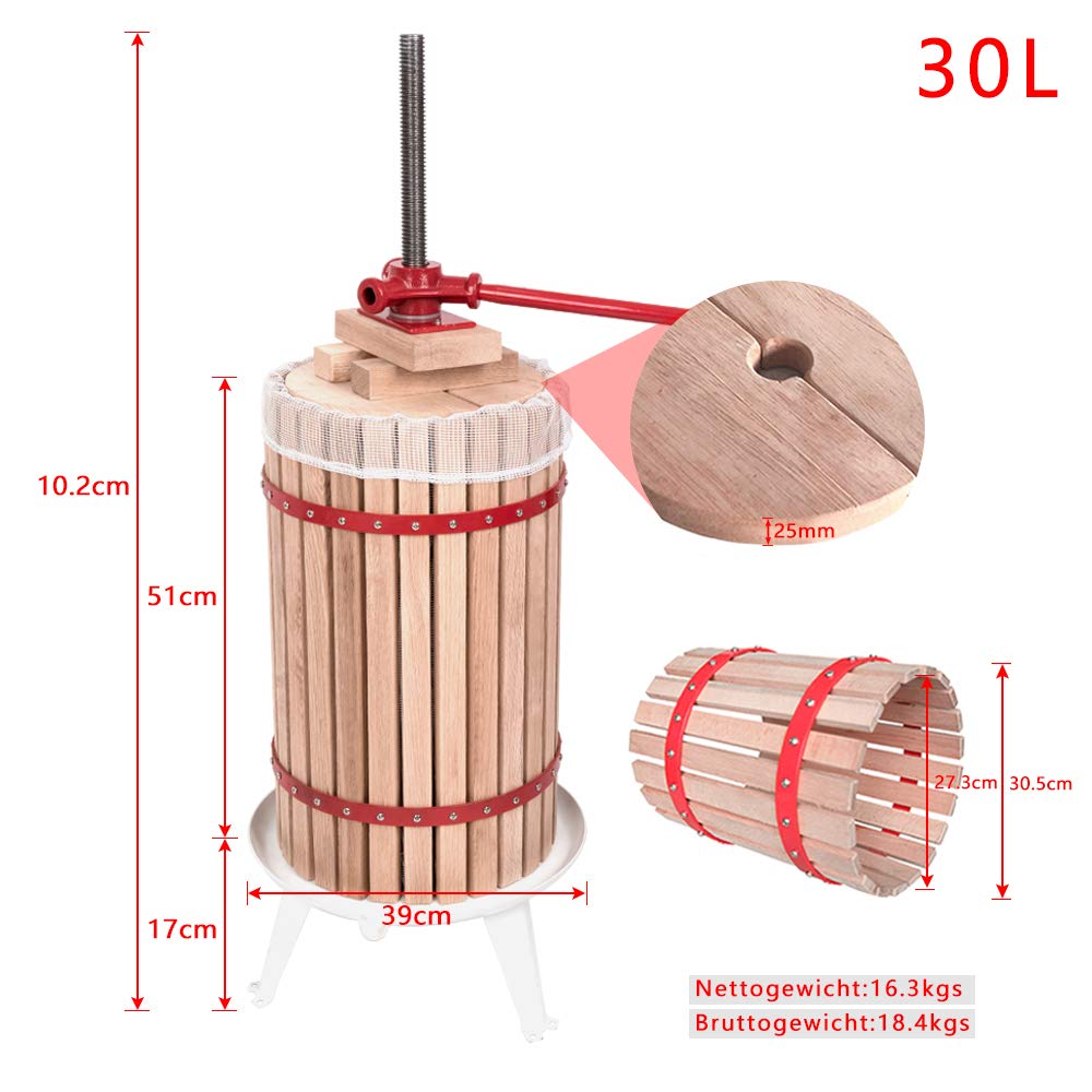 XINZI 30L Hand Fruit Press for Wine & Juice - Mobile Grape Press with Pressing Net & Crank - Perfect for Apple Juice, Berries & Fruit Wines - Ideal for Home Brewing, Cider Making & Winemaking
