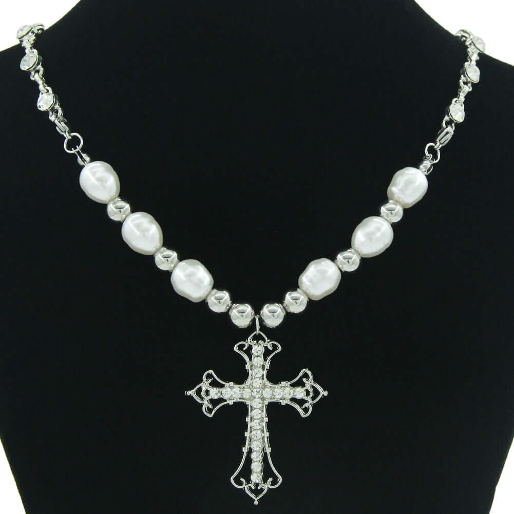 Chunky Silver Cross Necklace with Pearl Accents - Punk Style Jewelry for Women | HN2479 | Perfect for Gothic Fashion, Layering & Everyday Wear