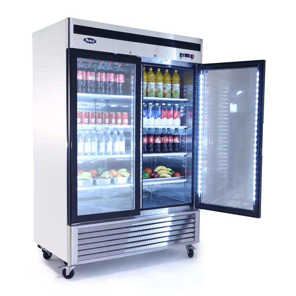 Atosa 54 Inch Commercial Merchandiser Refrigerator with 2 Glass Doors - Stainless Steel Display Case for Restaurants, Cafes, and Convenience Stores