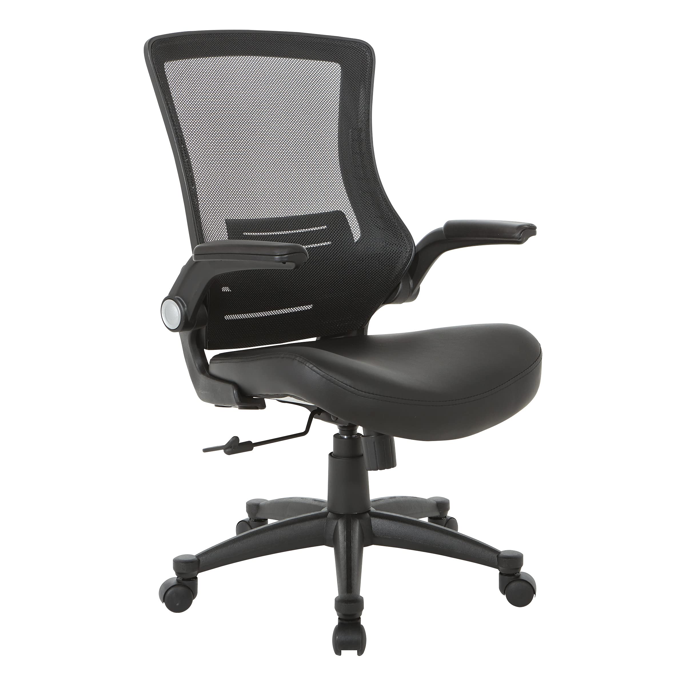 Office Star Ventilated Black Mesh Back Fully Adjustable Ergonomic Office Chair with Padded Flip-Up Arms and Swivel Nylon Base - Black Faux Leather Executive Chair for Home Office & Workspace