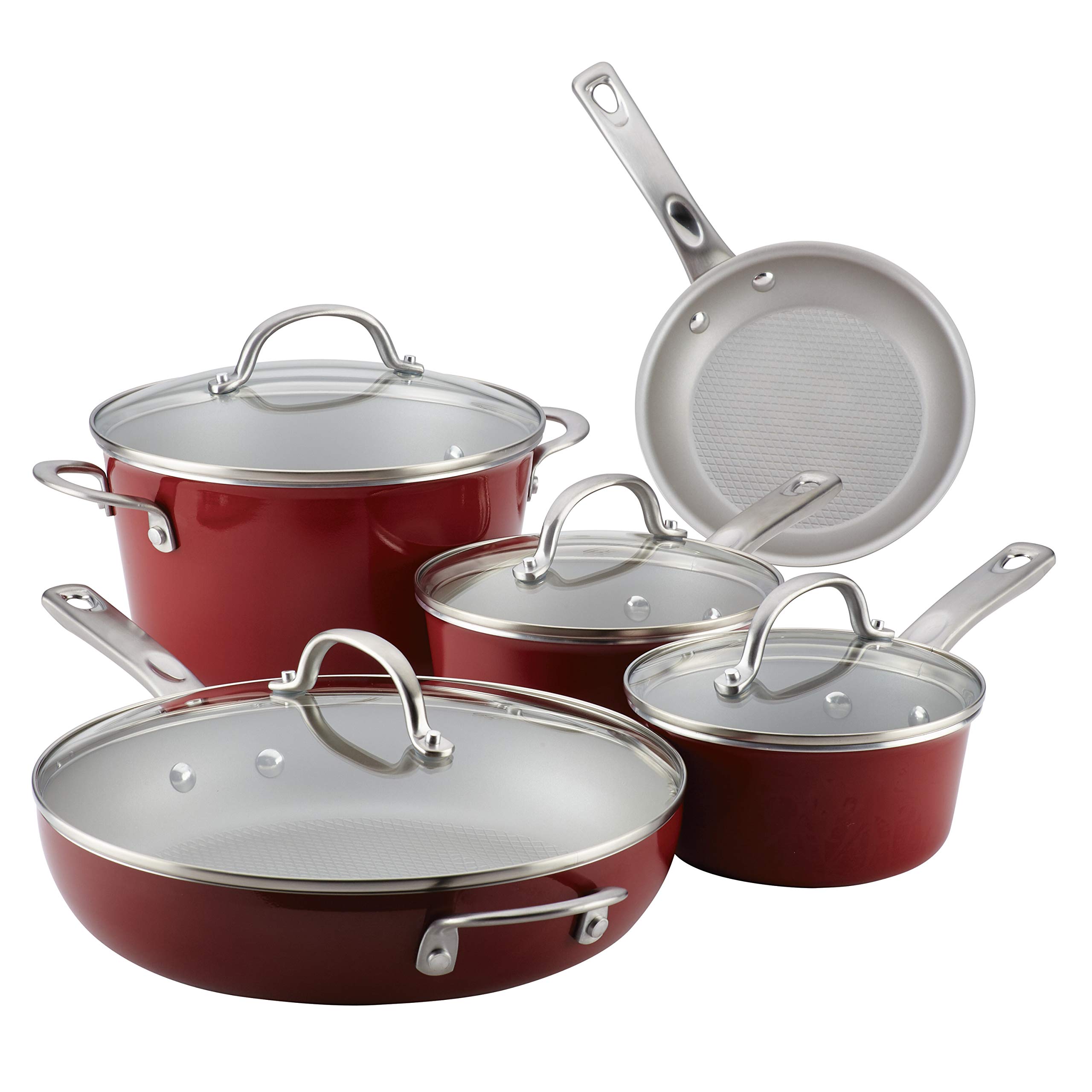 Ayesha Curry Nonstick Cookware Set & Japanese Stainless Steel Knife Set Bundle - 9-Piece Pots & Pans + 3-Piece Knives with Sheaths (Sienna Red) - Perfect for Home Cooking, Professional Chefs & Kitchen Enthusiasts