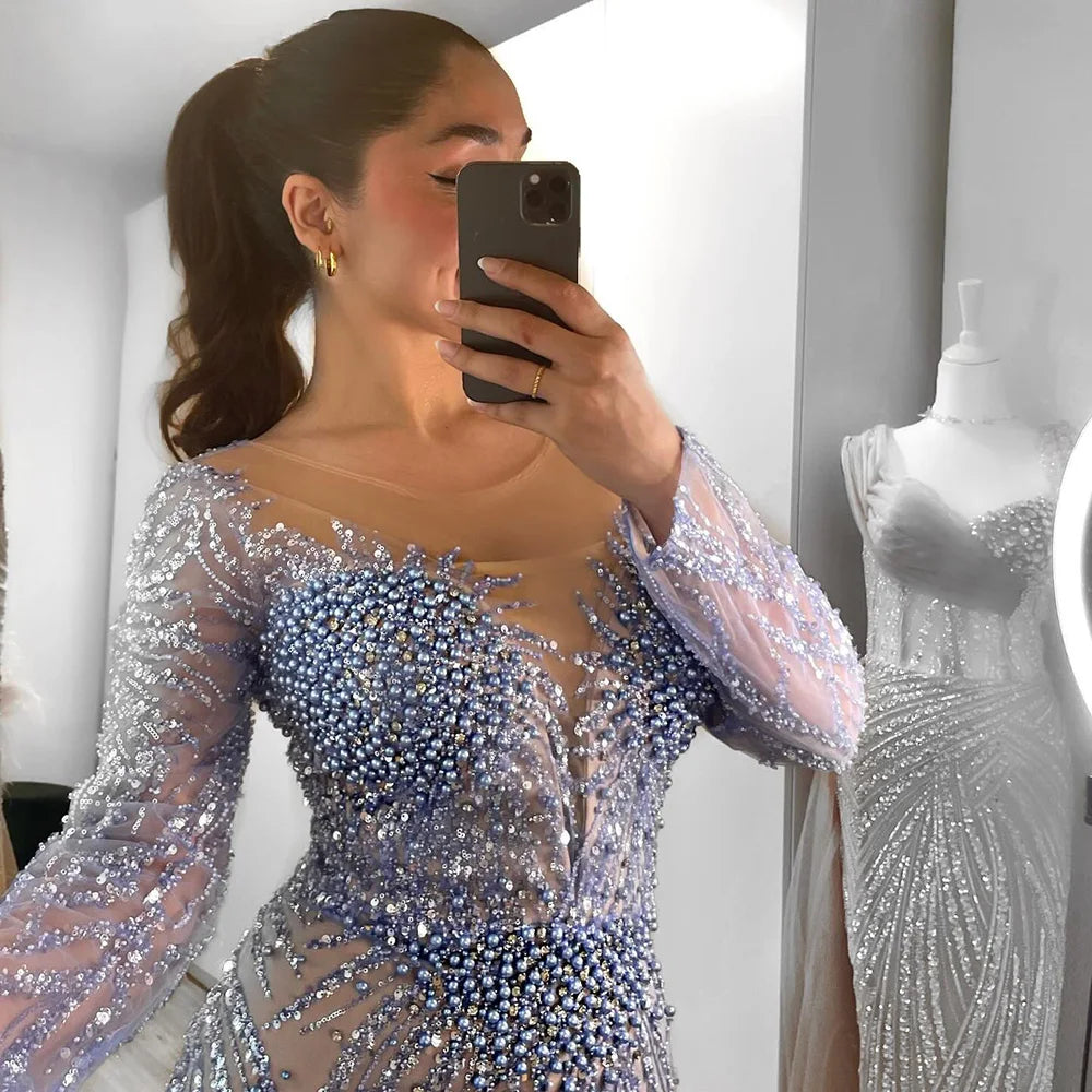 Elegant Beaded Pearl Mermaid Evening Gown for Women - Luxury Dubai Arabia Style Wedding & Party Dress 2025 | Perfect for Formal Events, Galas & Special Occasions