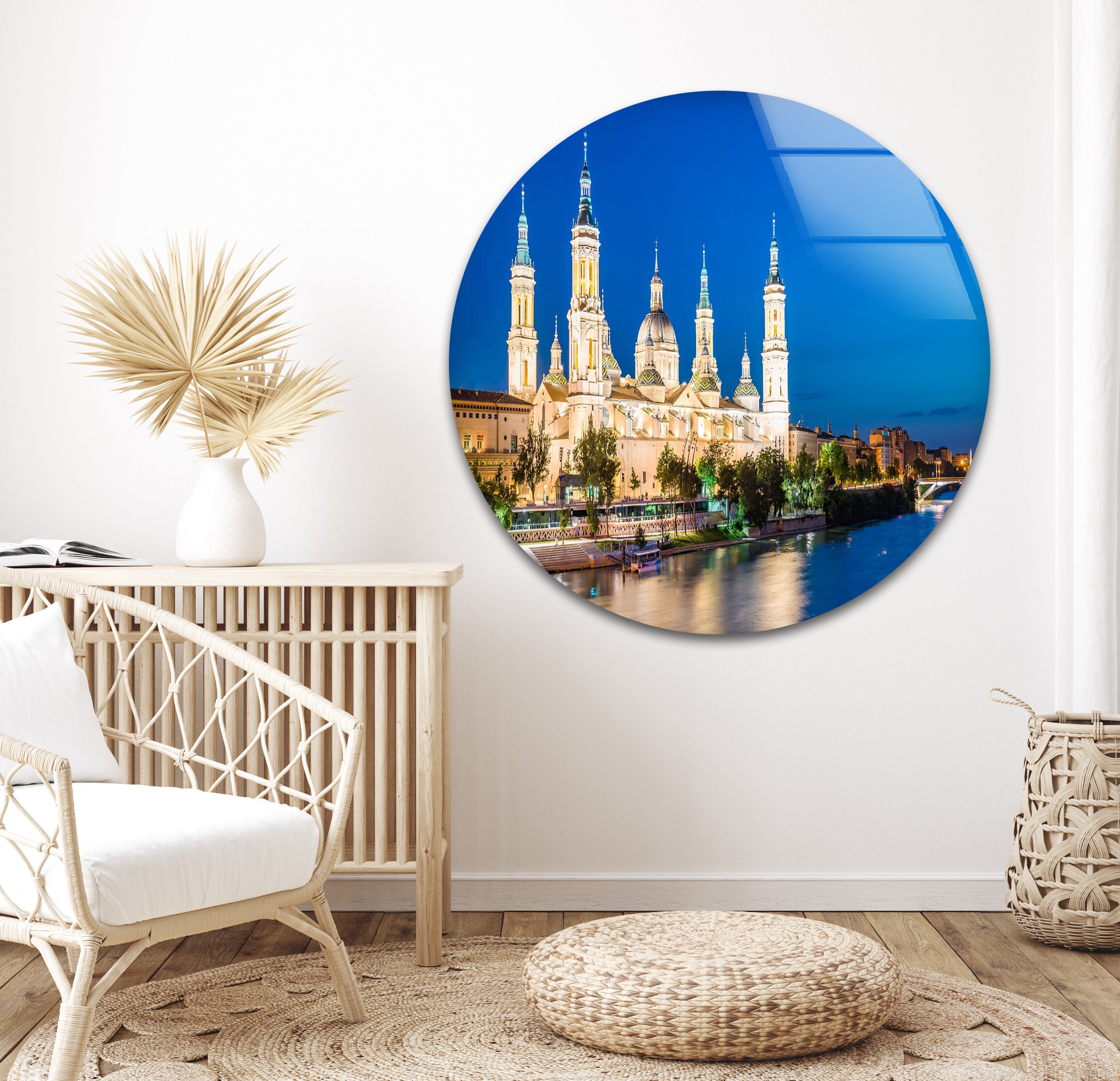 Basilica del Pilar Glass Wall Art - Stunning Night View of Zaragoza's Iconic Landmark | Religious Home Decor & Spanish Souvenir Gift for Travel Lovers