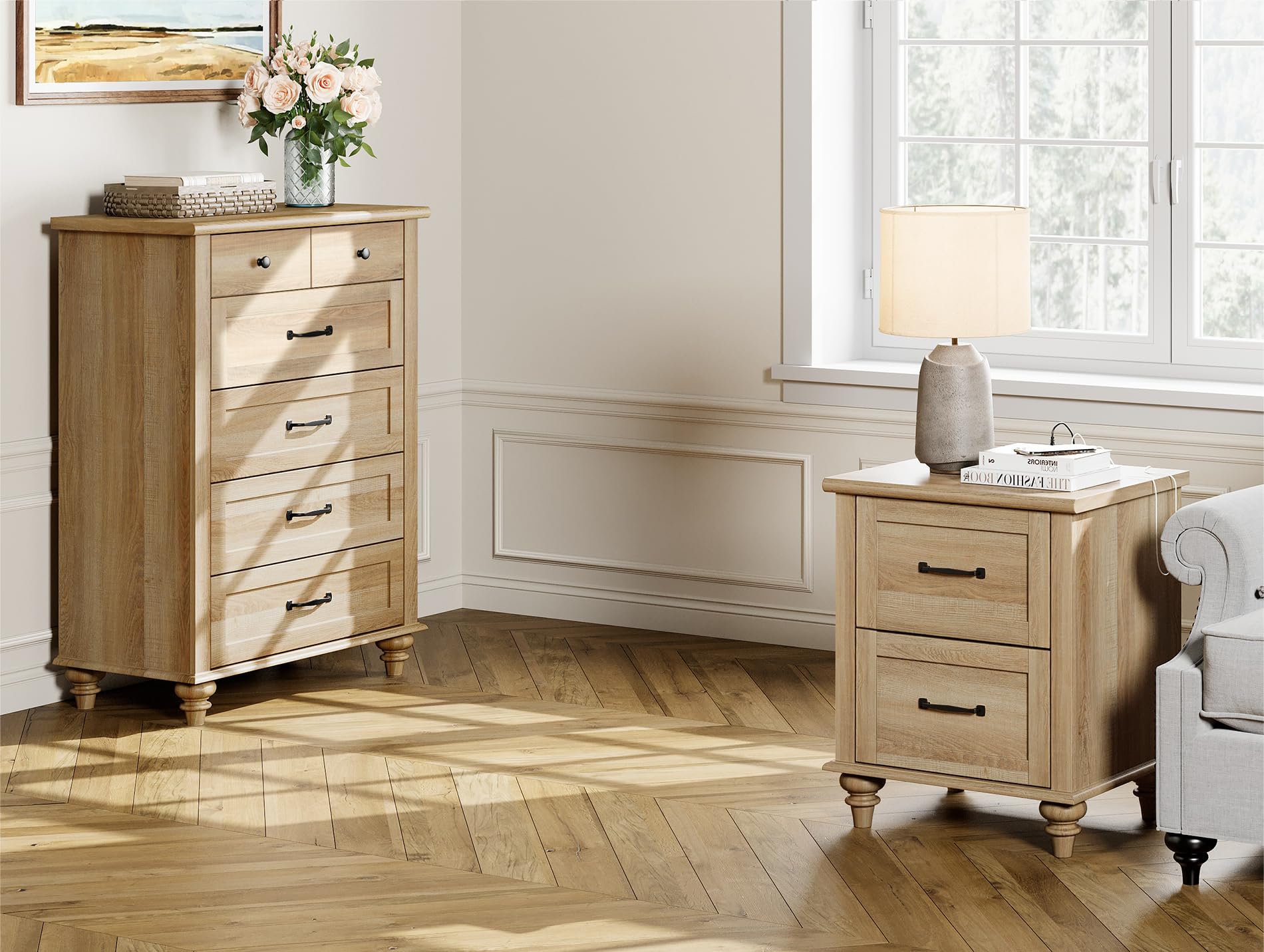 WAMPAT 3-Piece Farmhouse Bedroom Set - Oak Dresser with 5 Drawers & 2 Nightstands with Charging Stations - Rustic Wooden Chest of Drawers & End Tables for Master Bedroom Decor