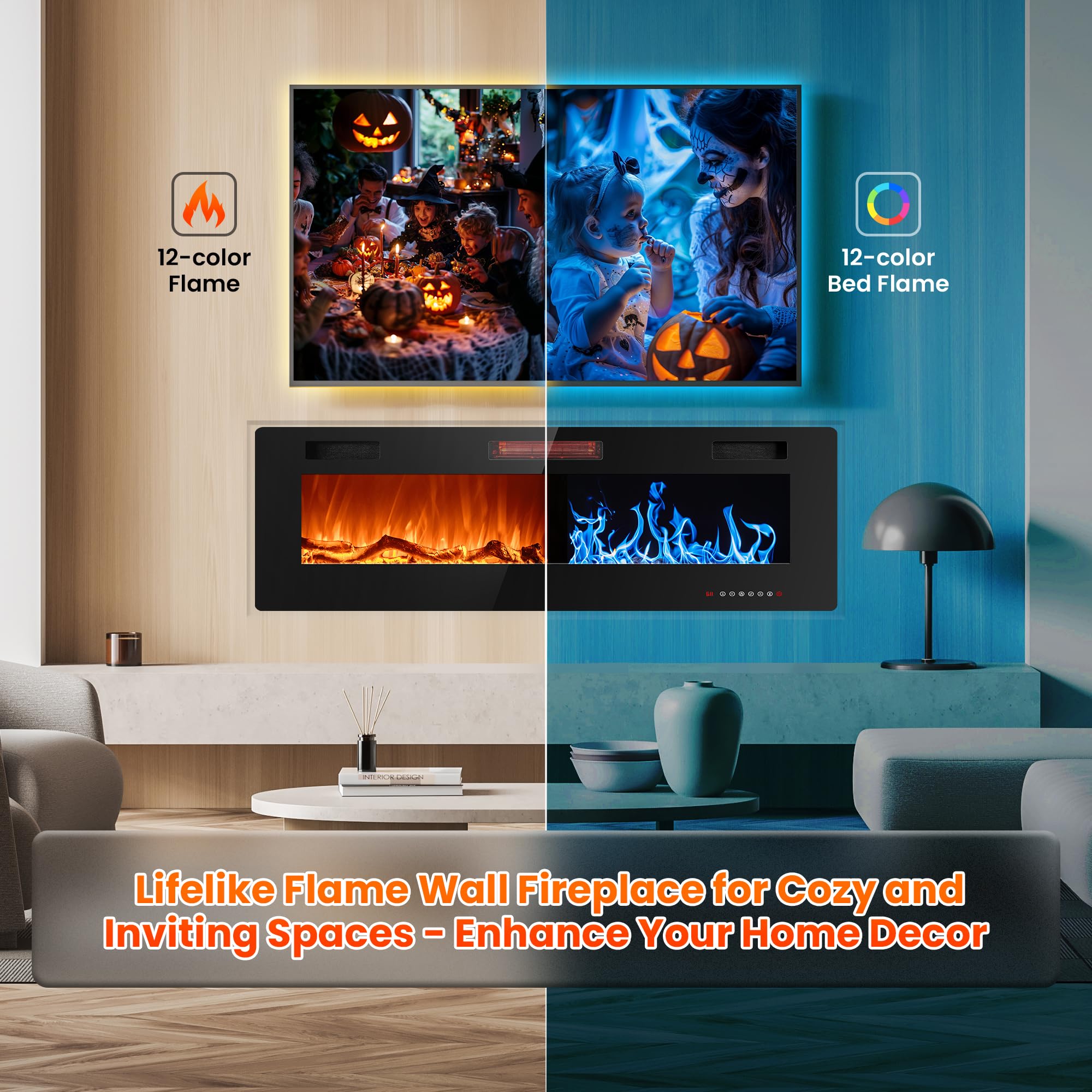 42 Inch Electric Fireplace Insert - Recessed or Wall Mounted 750W/1500W Heater with Touch Screen & Remote Control - Adjustable Flame Color/Speed & Timer - Perfect for Living Room, Bedroom & Office