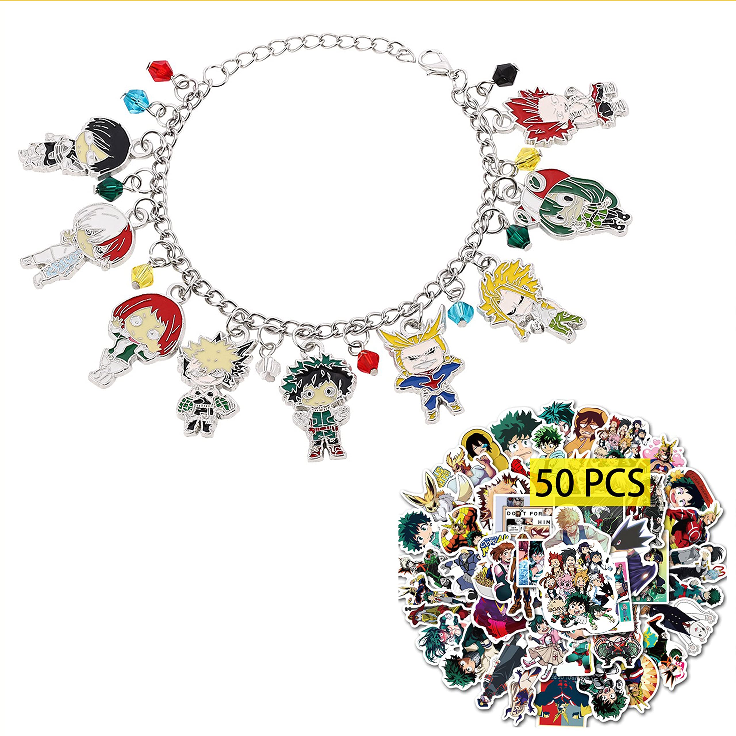 Kilmila Anime Charm Bracelet with 50Pcs Manga Stickers - Cute Cartoon Jewelry Gift for Teens Girls - Perfect for Laptop Decoration, School Accessories & Kawaii Fashion
