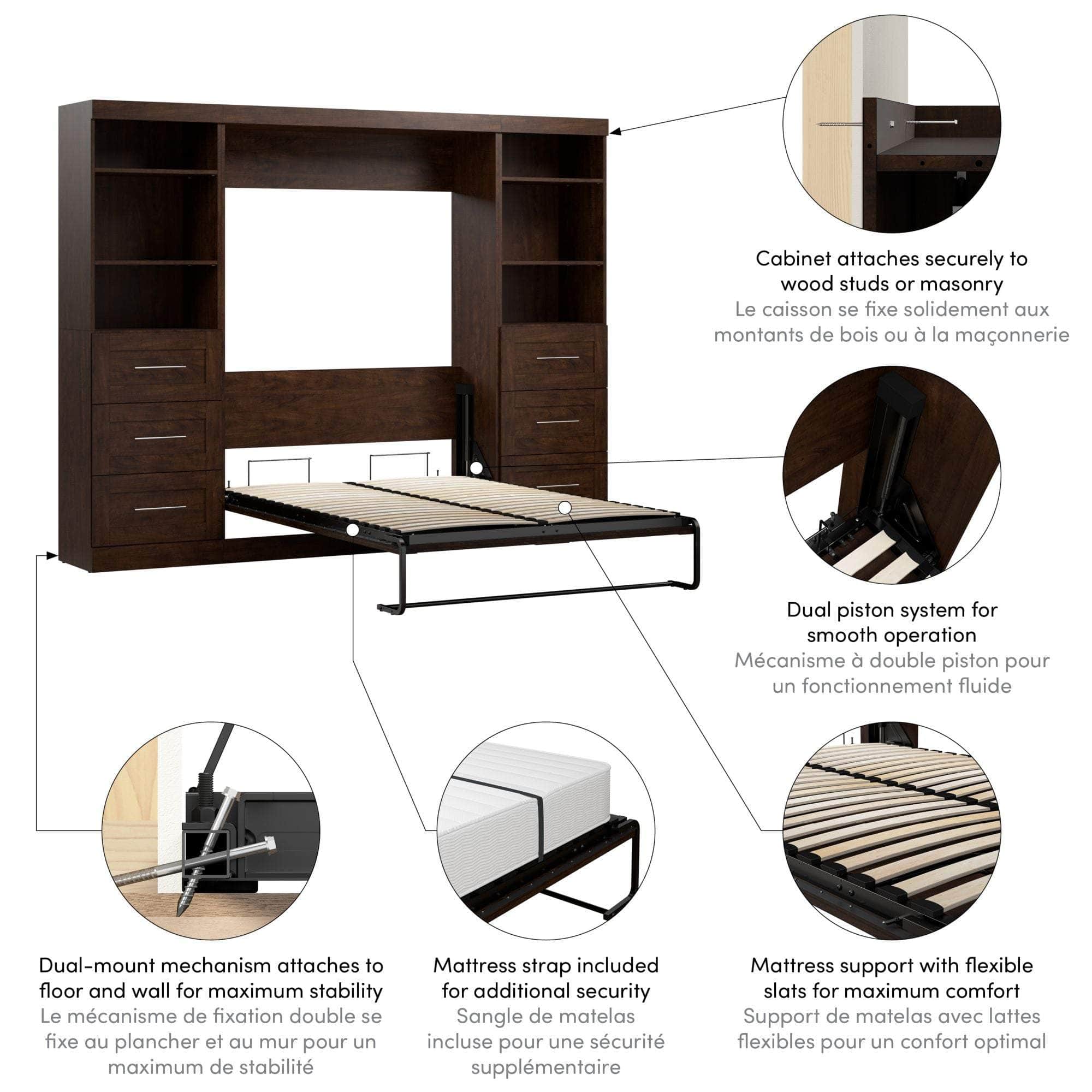 Pur Full Murphy Wall Bed with 2 Storage Units & Drawers (109W) - 7 Color Options for Space-Saving Home Office, Guest Room & Small Apartments