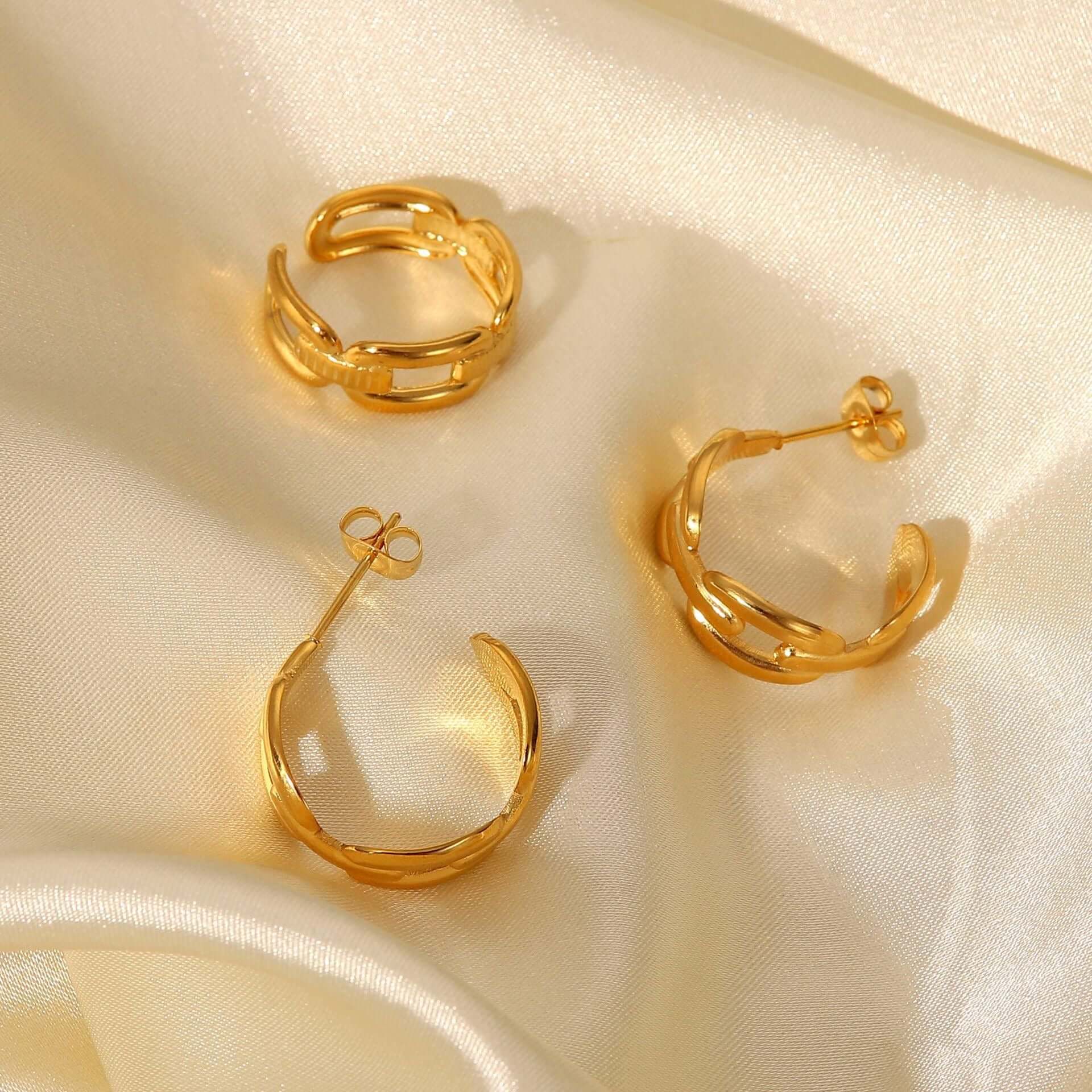 18K Gold Plated Hollow Connected Chain C Hoop Earrings & Ring Set - Trendy Jewelry for Women | Perfect for Parties, Weddings & Everyday Wear | JDE835