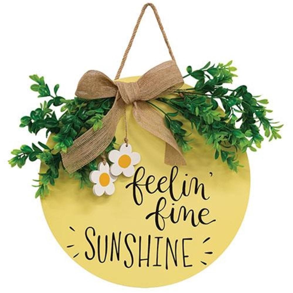 Feelin' Fine Sunshine Round Sign with Greenery & Burlap Bow - Rustic Farmhouse Wall Decor for Home, Office or Wedding