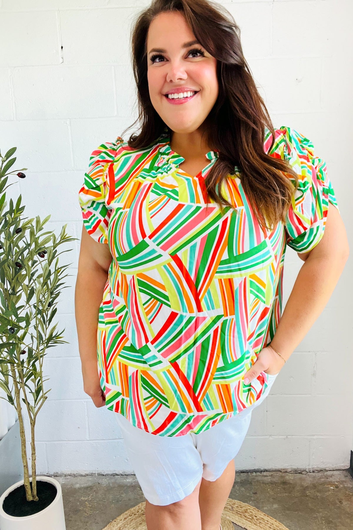 Stylish Green & Orange Geo Print Frill Notch Neck Puff Sleeve Blouse - Trendy Women's Fashion Top for Casual Outings & Date Nights