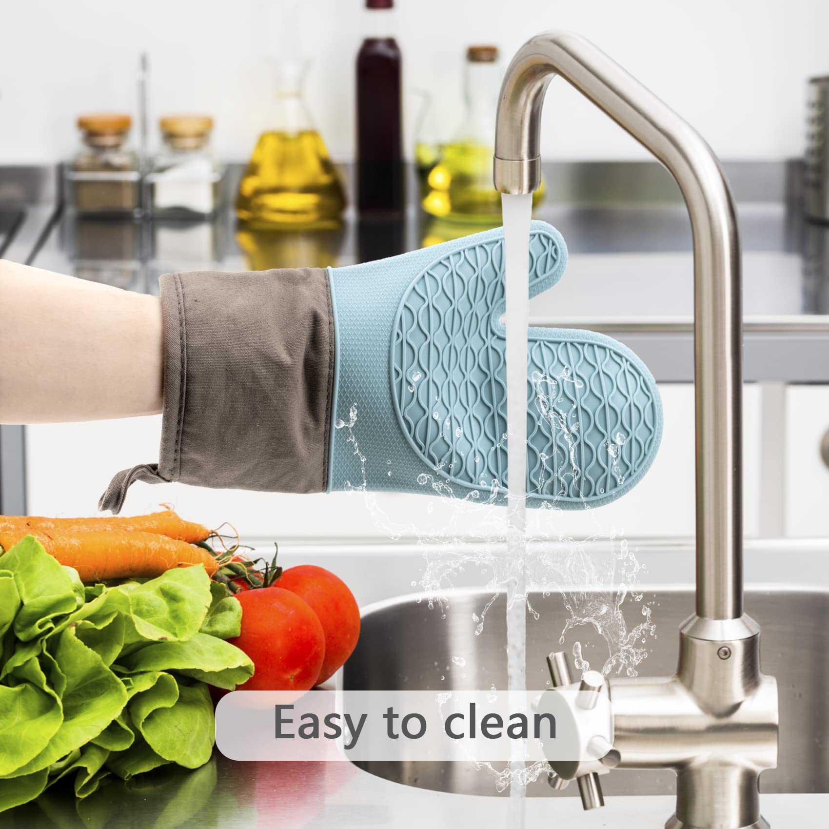 Heat Resistant Silicone Oven Mitts Set - 2-Piece Non-Slip Kitchen Gloves with Soft Quilted Cotton Lining for Cooking, Baking, Grilling & BBQ - Easy Clean Pot Holders for Hot Pans & Baking Trays (Blue)