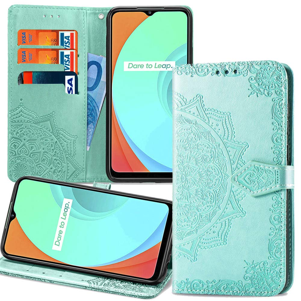 XYX Wallet Case for iPhone 12 Mini (5.4 Inch) - Embossed Mandala Flower Design, PU Leather Protective Phone Cover with Card Slots - Green - Perfect for Everyday Use, Travel & Shopping