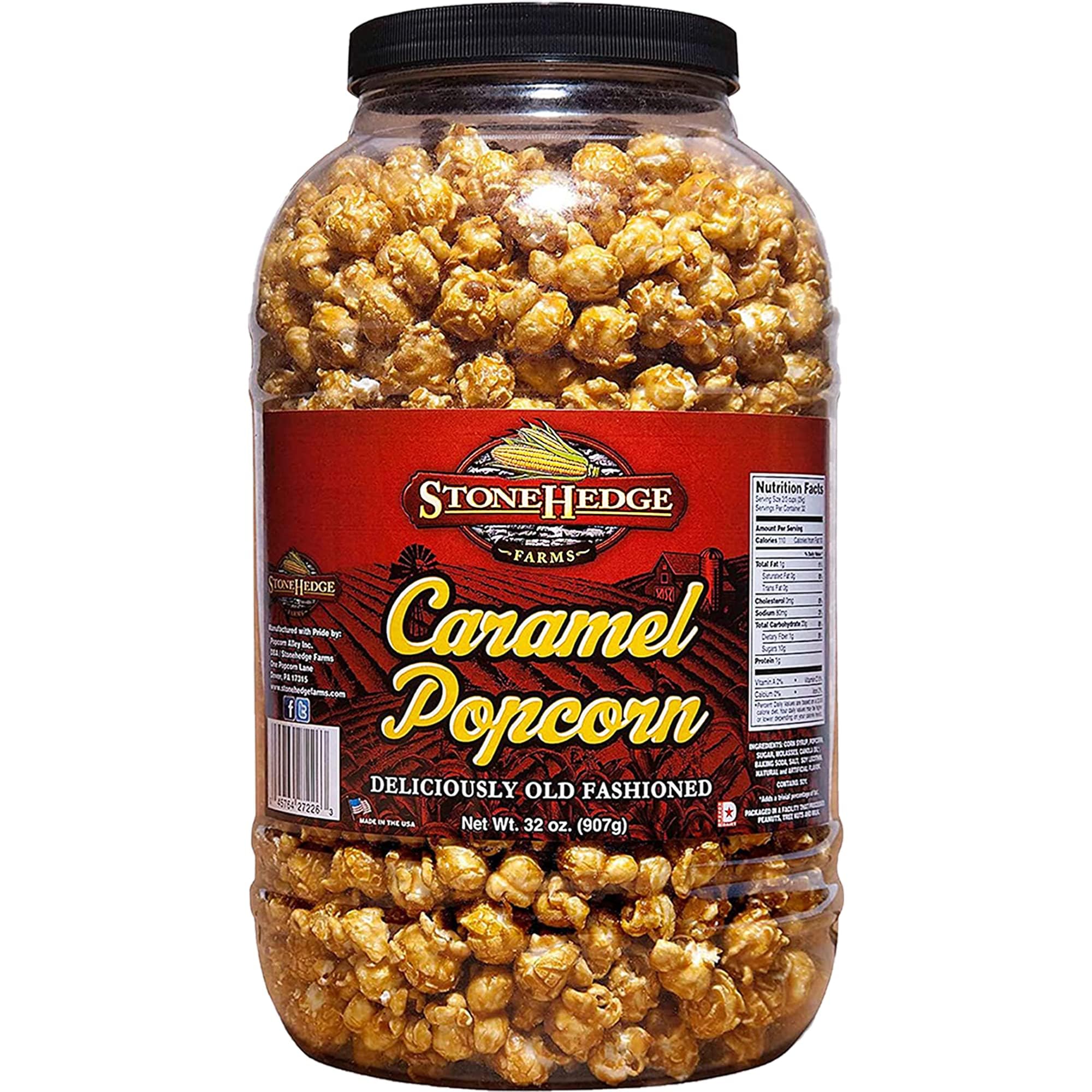Stonehedge Farms Caramel Flavored Popcorn - 32 oz Large Tub | Gourmet Sweet & Crunchy Snack | Made in USA | Perfect for Movie Nights, Parties & Holiday Gifts