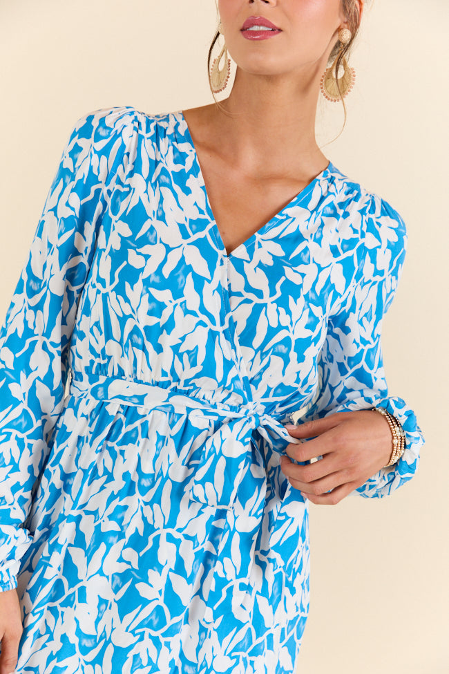 Palmetto Paradise Blue and White Long Sleeve Maxi Dress for Women - Boho Floral Beach Cover Up, Summer Vacation Dress, Perfect for Pool Parties & Tropical Getaways