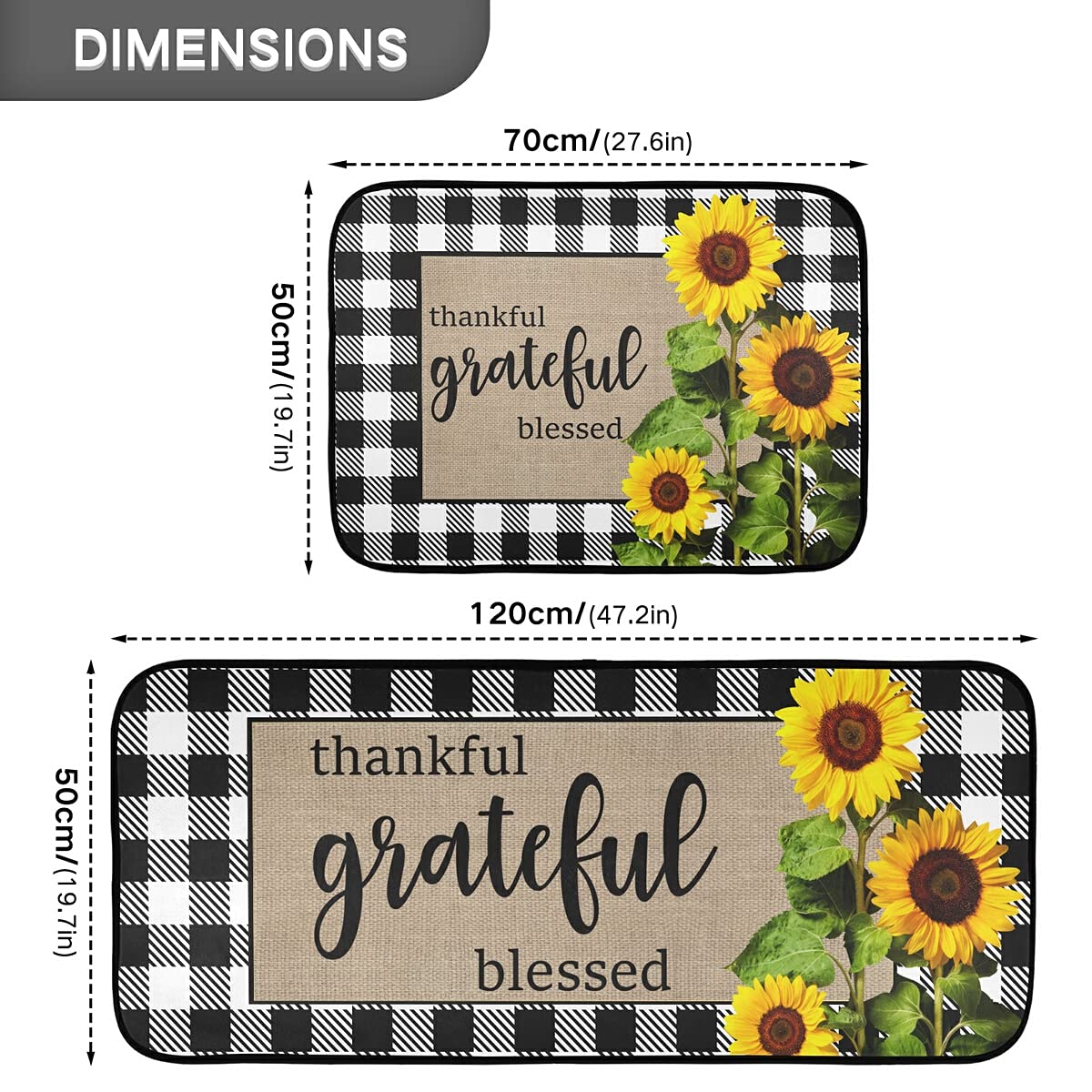 DOMIKING Non-Slip Sunflower Kitchen Rugs - 2 Pack Buffalo Plaid Foam Floor Mats for Farmhouse Decor, Anti-Fatigue Standing Mats for Cooking & Dishwashing Areas - Waterproof Kitchen Accessories for Sink & Counter Use