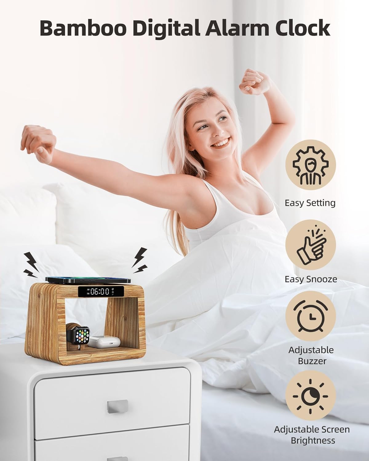 Bamboo Wireless Charging Station with Digital Alarm Clock & Night Light - Fast Qi Charger Stand for iPhone 15/14/13/12/11 Pro Max/X/Xs, AirPods Pro, iWatch Series 8/7/6/5/SE - Perfect for Bedside, Office & Travel Charging