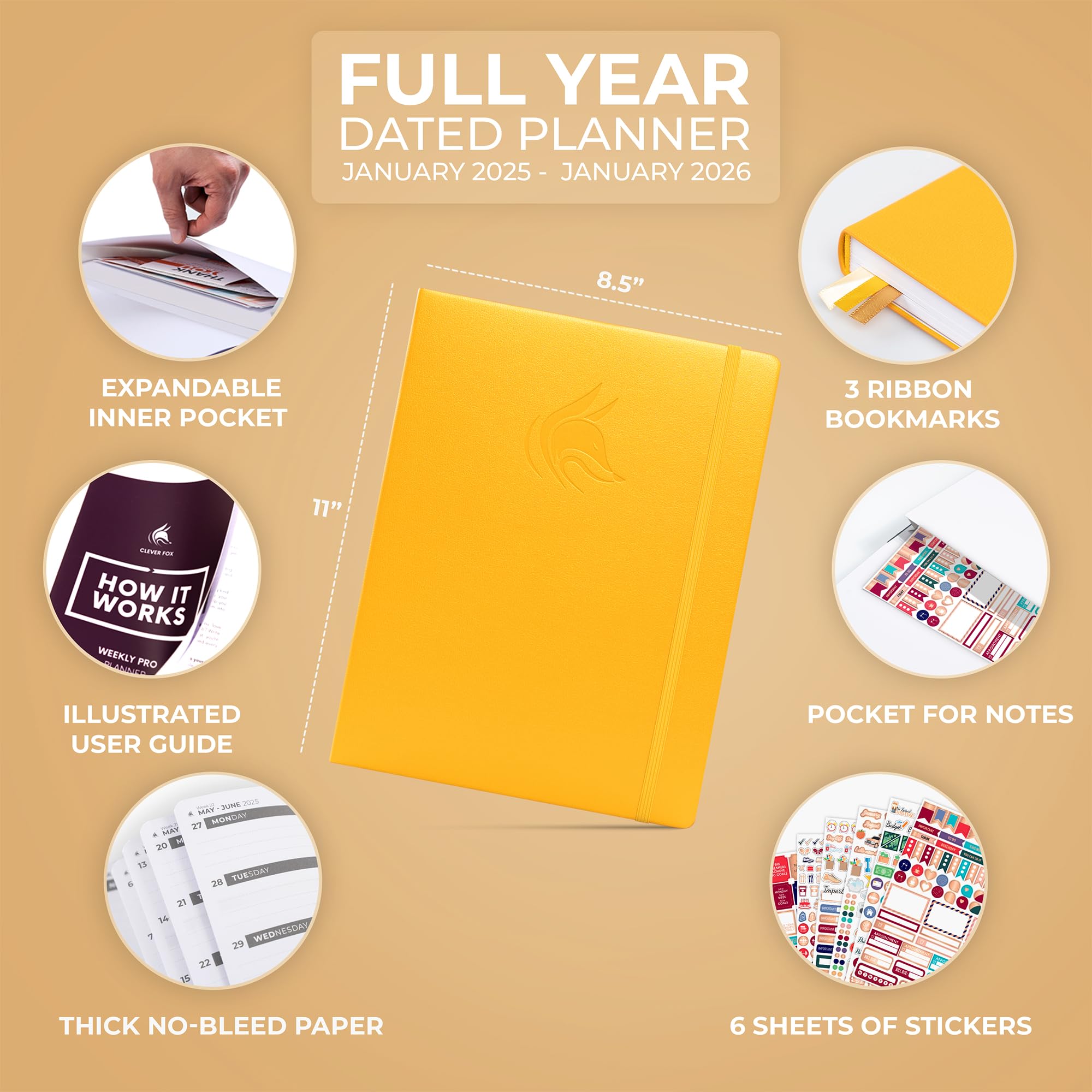 Clever Fox Planner PRO 2025-2026 Dated Weekly & Monthly Life Planner - A4 Size Productivity Organizer with Time Management & Goal Tracking - Gratitude Journal in Amber Yellow - Perfect for Students, Professionals & Entrepreneurs