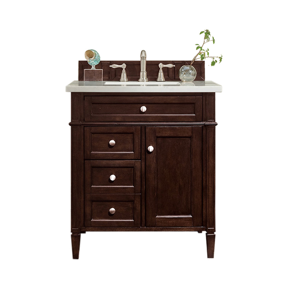 Brittany 30-Inch Single Bathroom Vanity with Burnished Mahogany Finish & 3CM White Zeus Quartz Countertop - Perfect for Modern Master Bathrooms & Powder Rooms