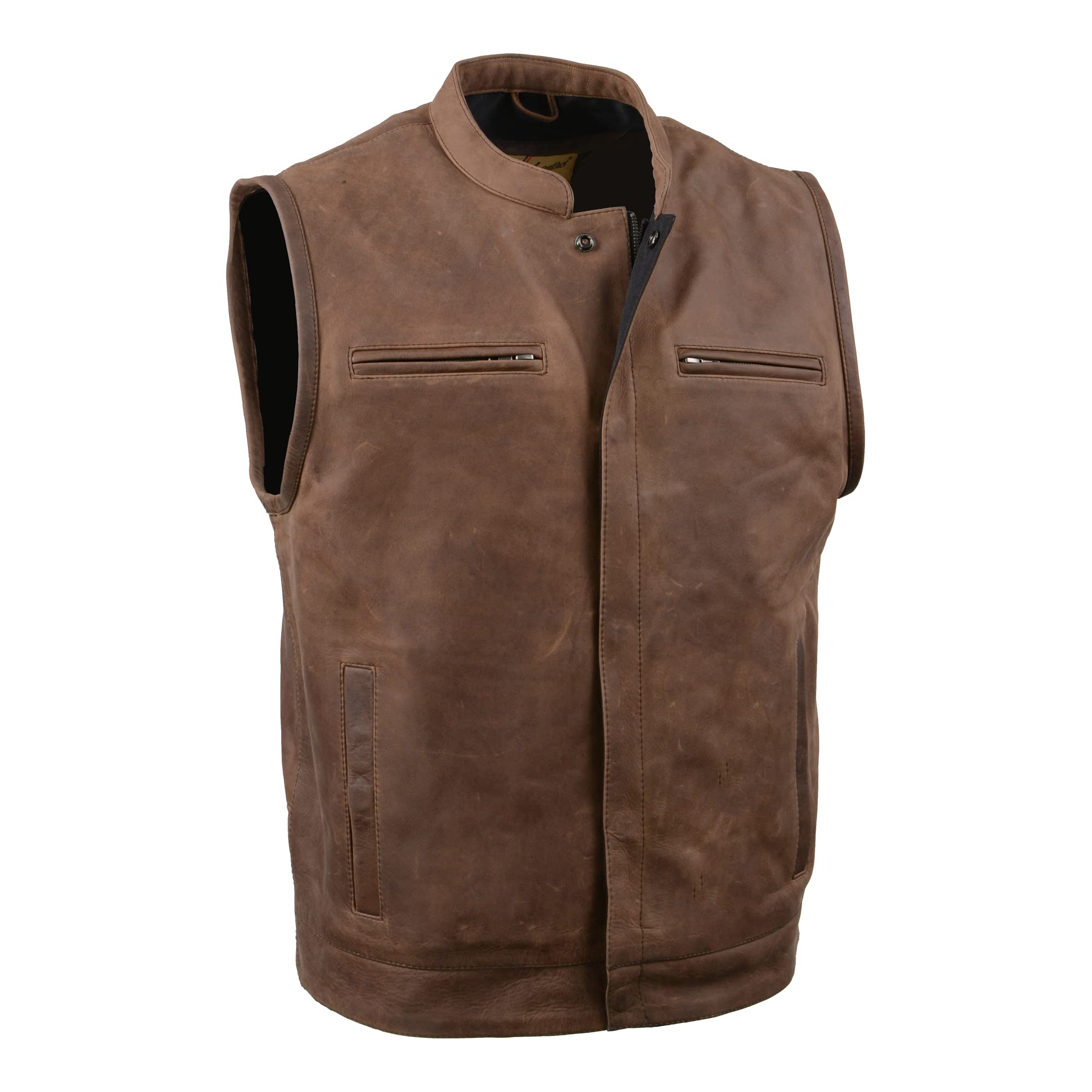 Milwaukee Leather Men's Vintage Crazy Horse Brown Leather Club Style Vest MLM3519 - Durable Motorcycle & Biker Vest for Riding & Outdoor Adventures