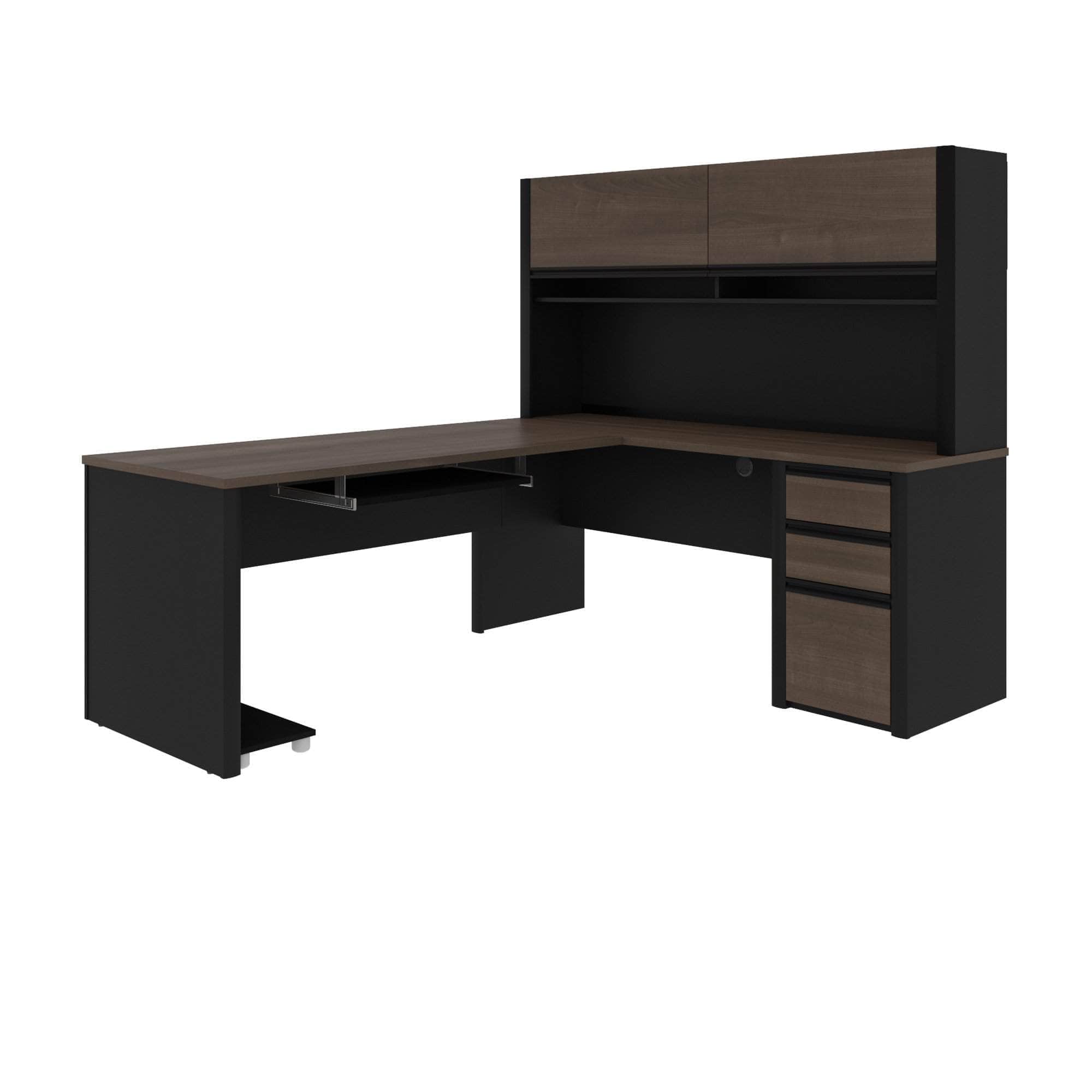 L Shaped Desk with Pedestal and Hutch - Modern Home Office Furniture in 2 Colors for Small Spaces & Workstations