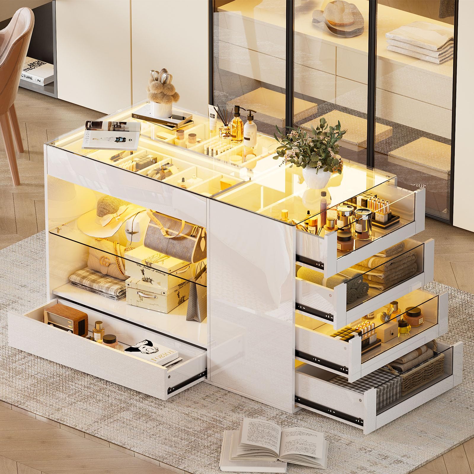 PAKASEPT Modern Closet Island with Drawers - Glossy White Wardrobe Armoire with LED Lights & Glass Tabletop - Bedroom Storage Organizer for Makeup, Jewelry & Clothes - Perfect for Dressing Rooms, Walk-in Closets & Bedroom Organization