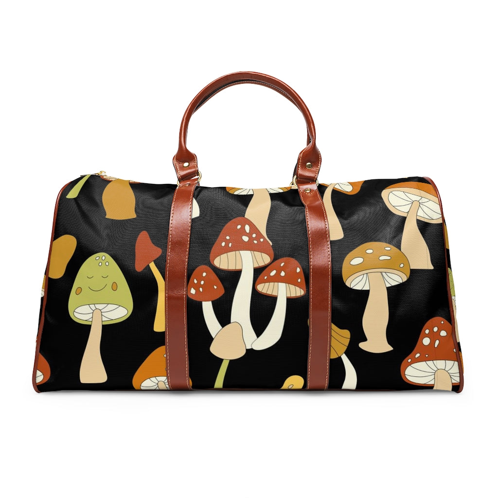 Retro Mushroom Print Waterproof Overnight Travel Bag - Vintage Style Faux Leather Straps & Handles - Perfect for Weekend Getaways, Music Festivals & Boho Fashion