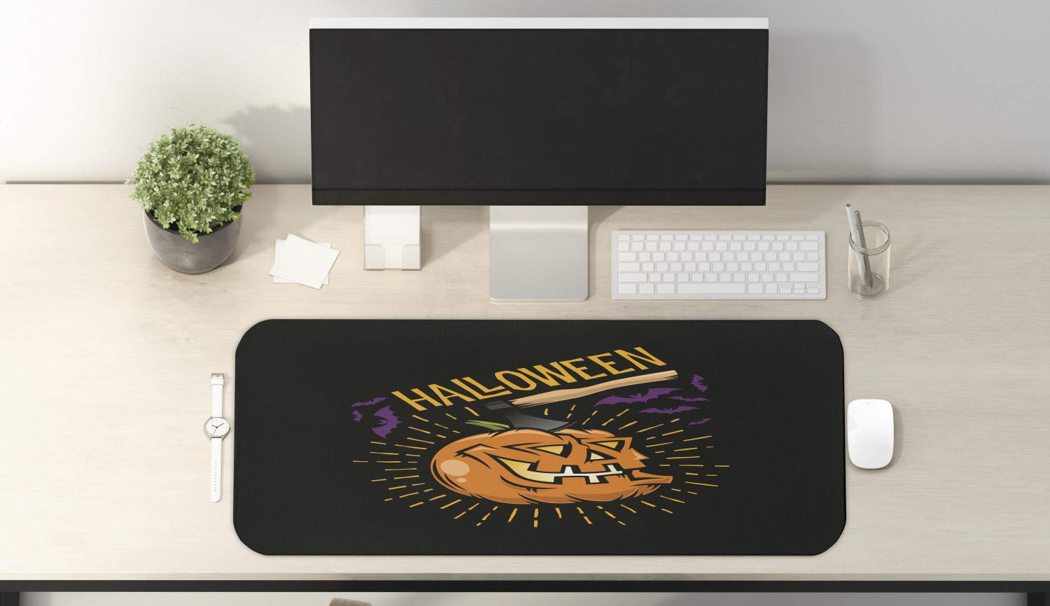 Ambesonne Halloween Gaming Mouse Pad - Scary Smiling Pumpkin with Flying Bats Design, Non-Slip Rubber Base, Large 31
