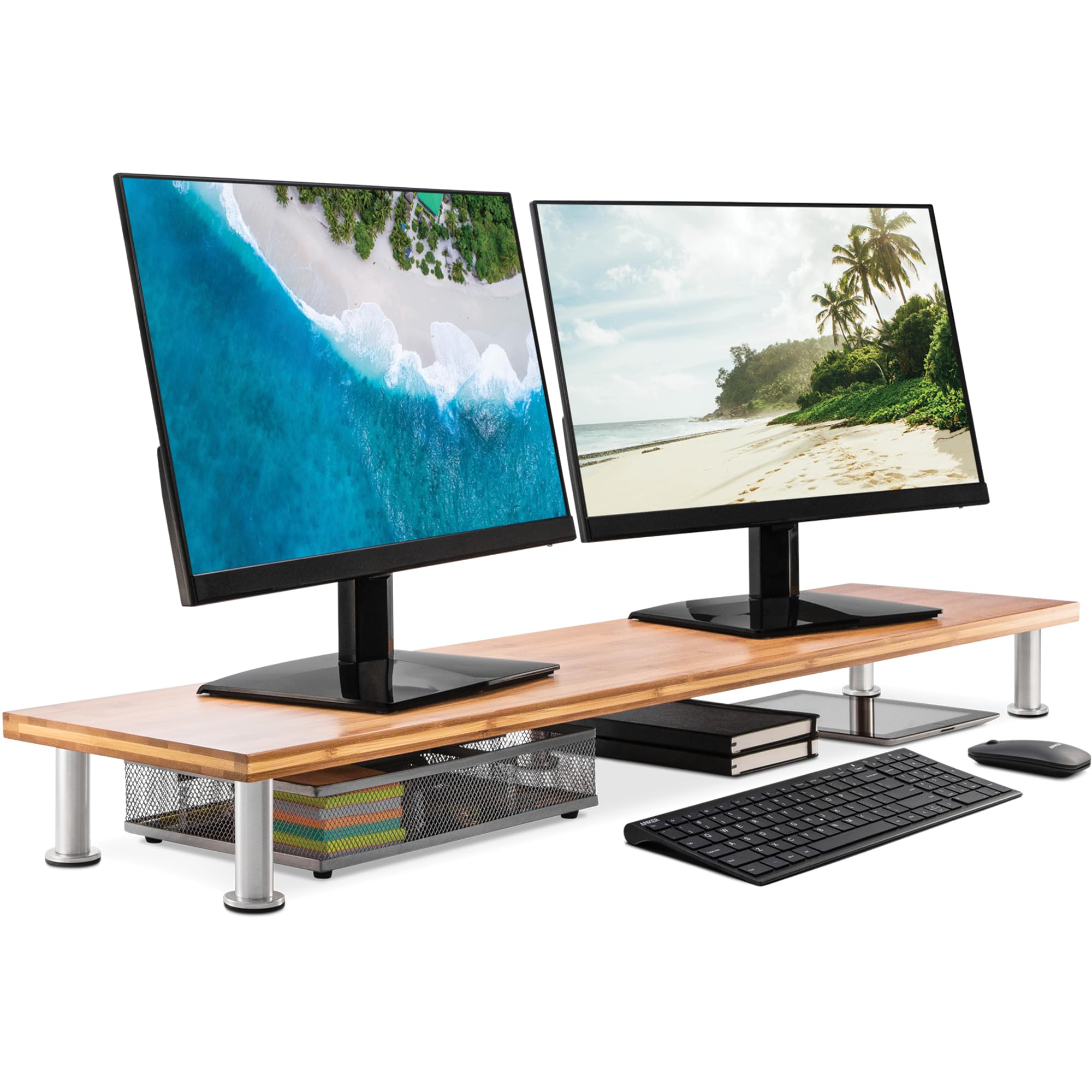 Premium 42 Inch Bamboo Dual Monitor Stand Riser for Computer Screens, Laptops & TVs - Ergonomic Desk Shelf with Extra Storage Space - Natural Wood Finish - Perfect for Home Office, Gaming Setup & Workspace Organization (As Seen On PBS)