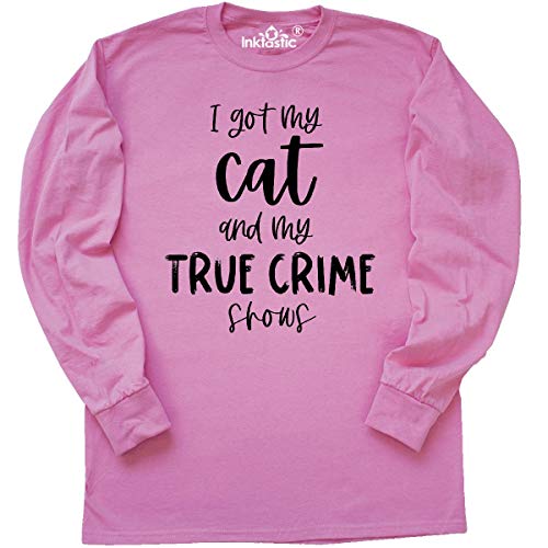 Inktastic 'I Got My Cat and My True Crime Shows' Funny Long Sleeve T-Shirt for Women - Perfect for Cat Lovers & Crime Show Fans - Casual Wear, Lounge Outfits, Gifts