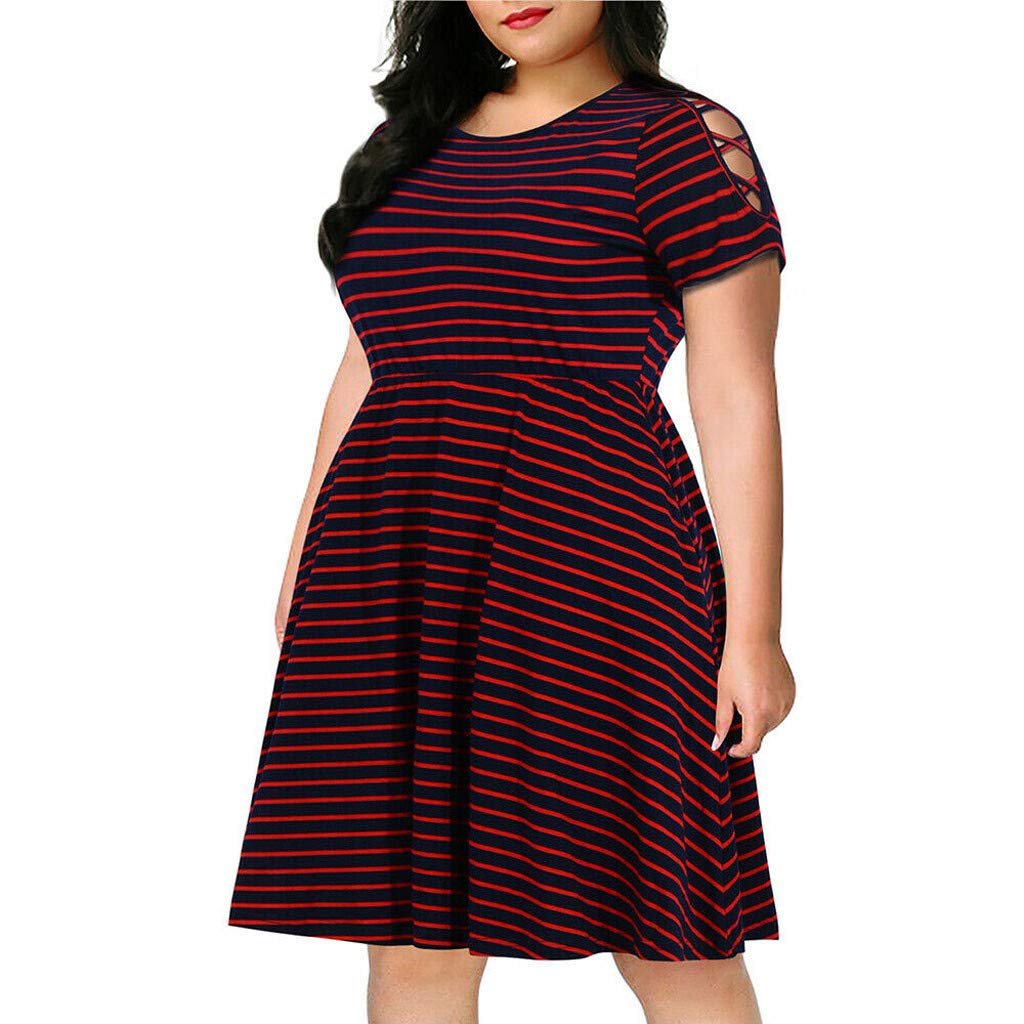 Plus Size Midi Dress - Malbaba Striped Cold Shoulder Short Sleeve Fit & Flare Swing Dress for Women | Casual Mini Dress for Summer, Beach, Party & Everyday Wear