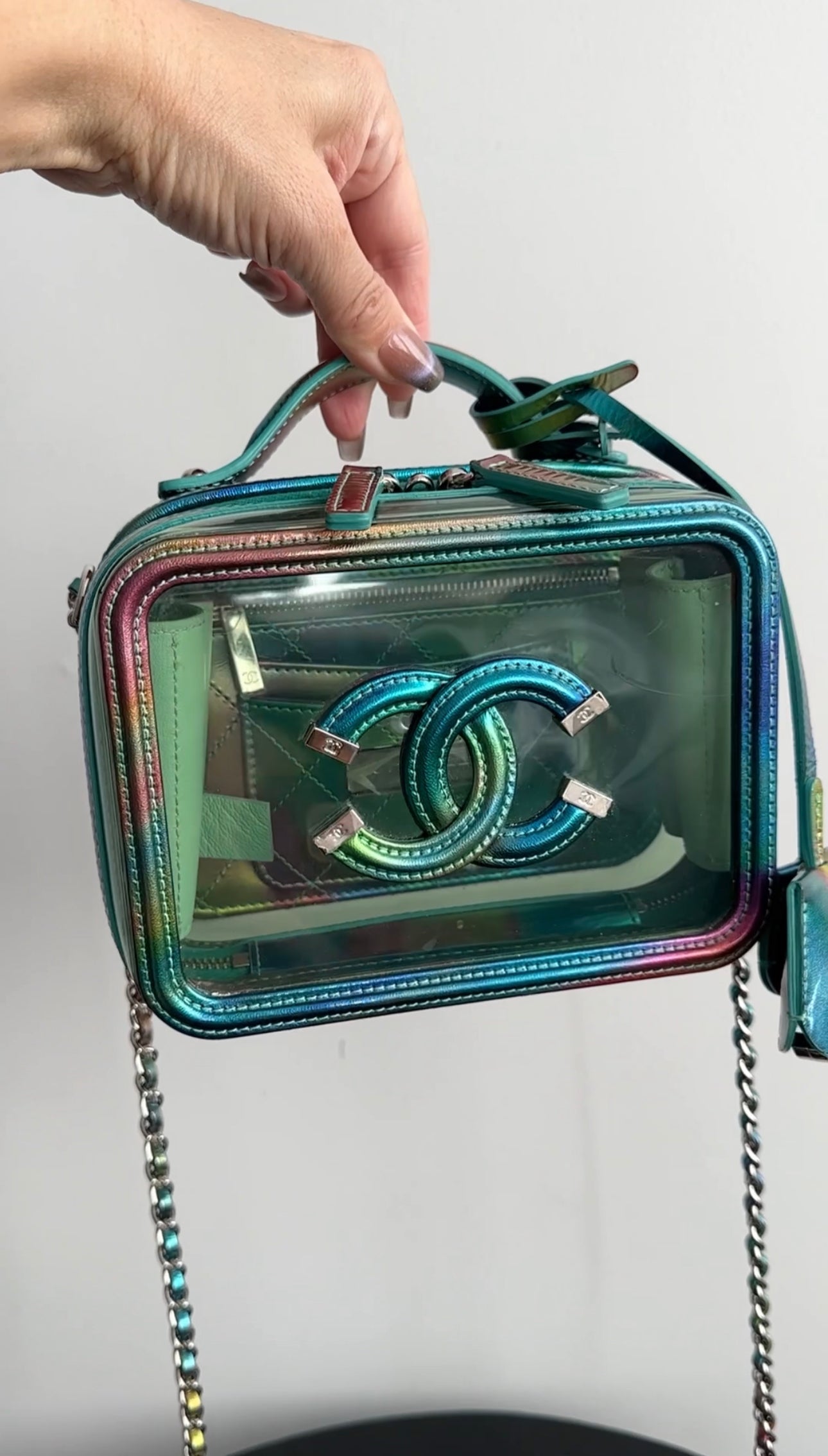 Chanel 20C Iridescent Rainbow Filigree Clear PVC CC Vanity Case - Luxury Designer Cosmetic Bag for Women, Perfect for Travel & Everyday Use