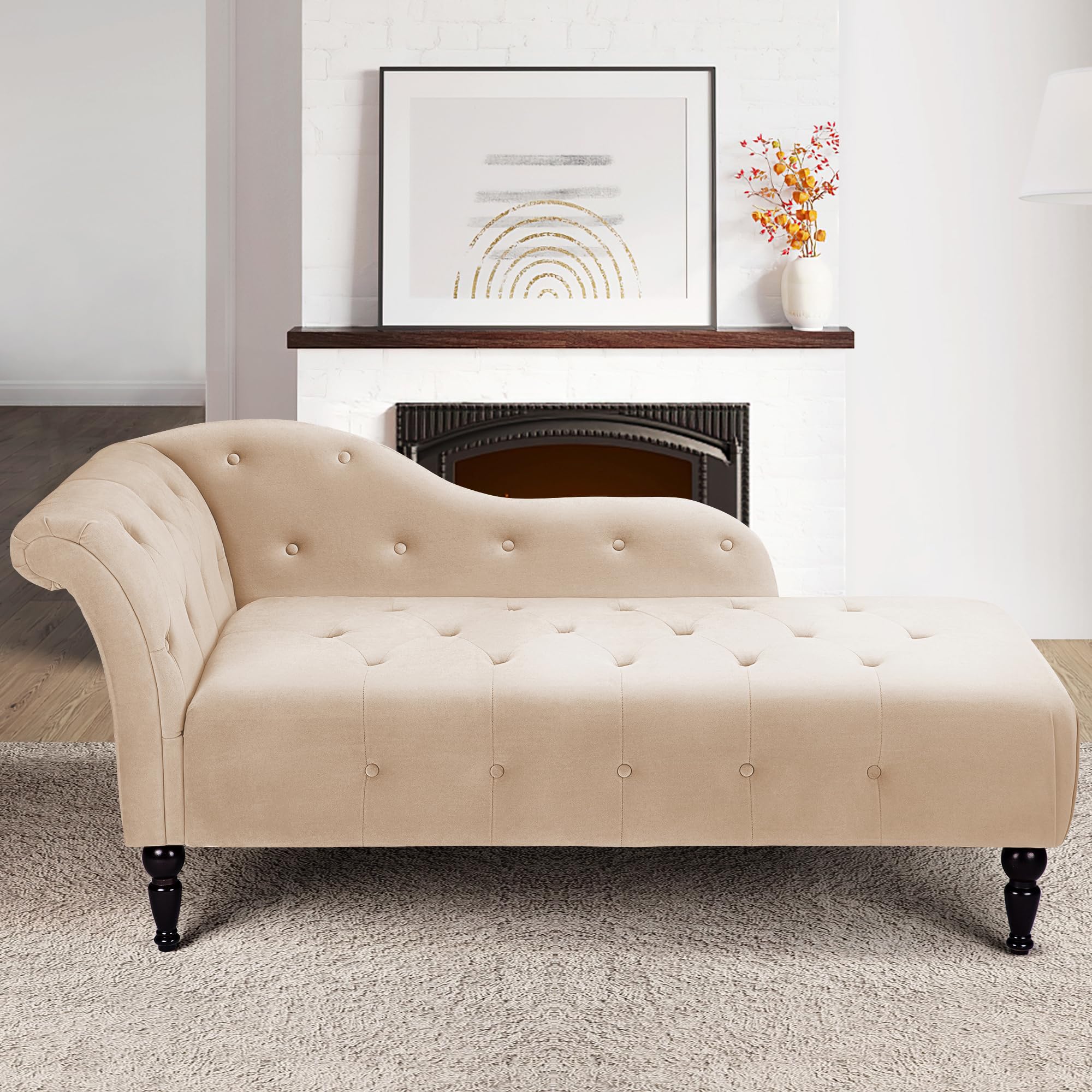 Modern Velvet Upholstered Lounge Chair with Left Armrest & Button Tufted Design - Beige Chaise Sofa for Bedroom, Living Room & Office | Perfect for Relaxing, Reading & Home Decor