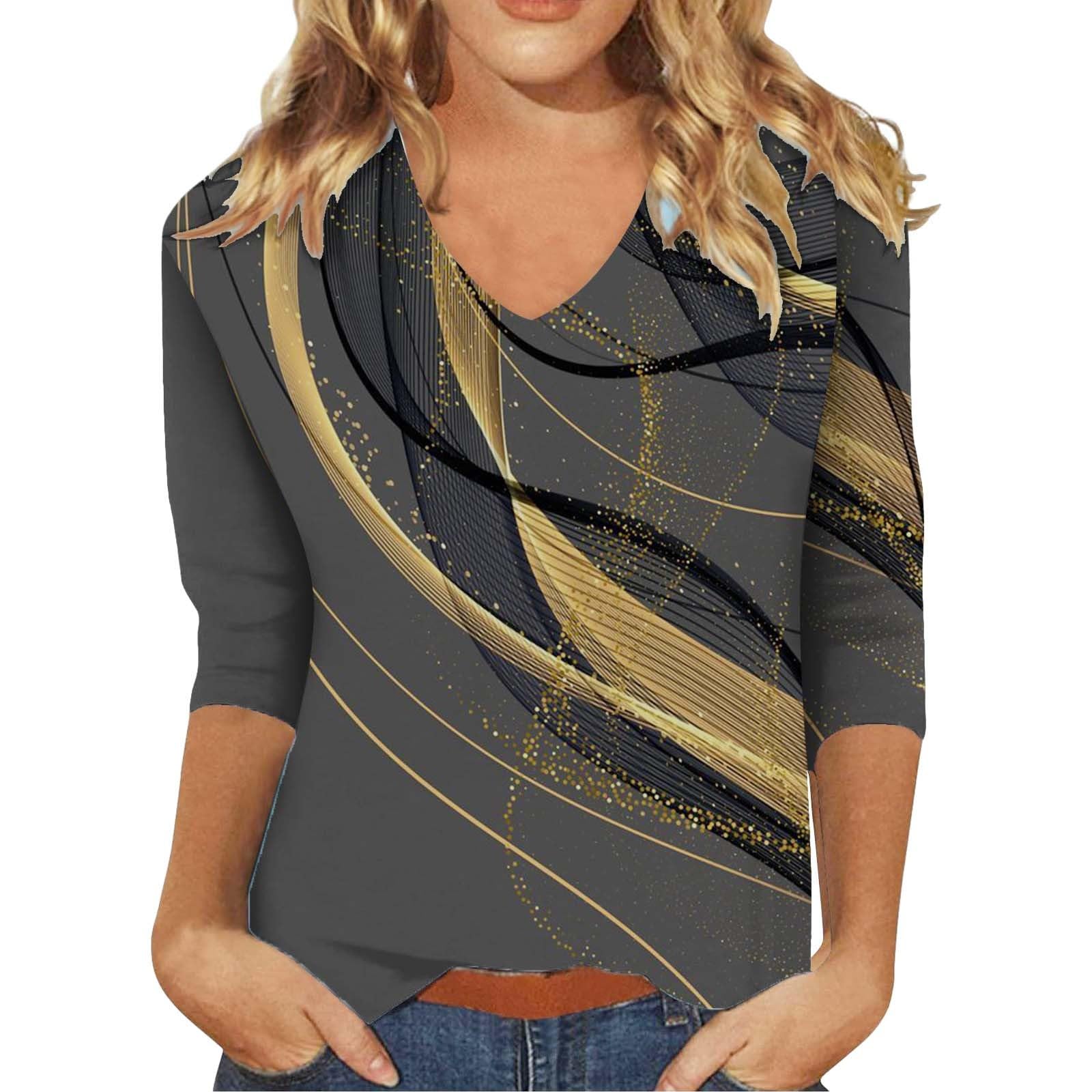 Women's Sexy 3/4 Sleeve V-Neck Henley Blouse - Plus Size Fashion Print Top for Casual Wear & Night Out | Dressy T-Shirt for Women
