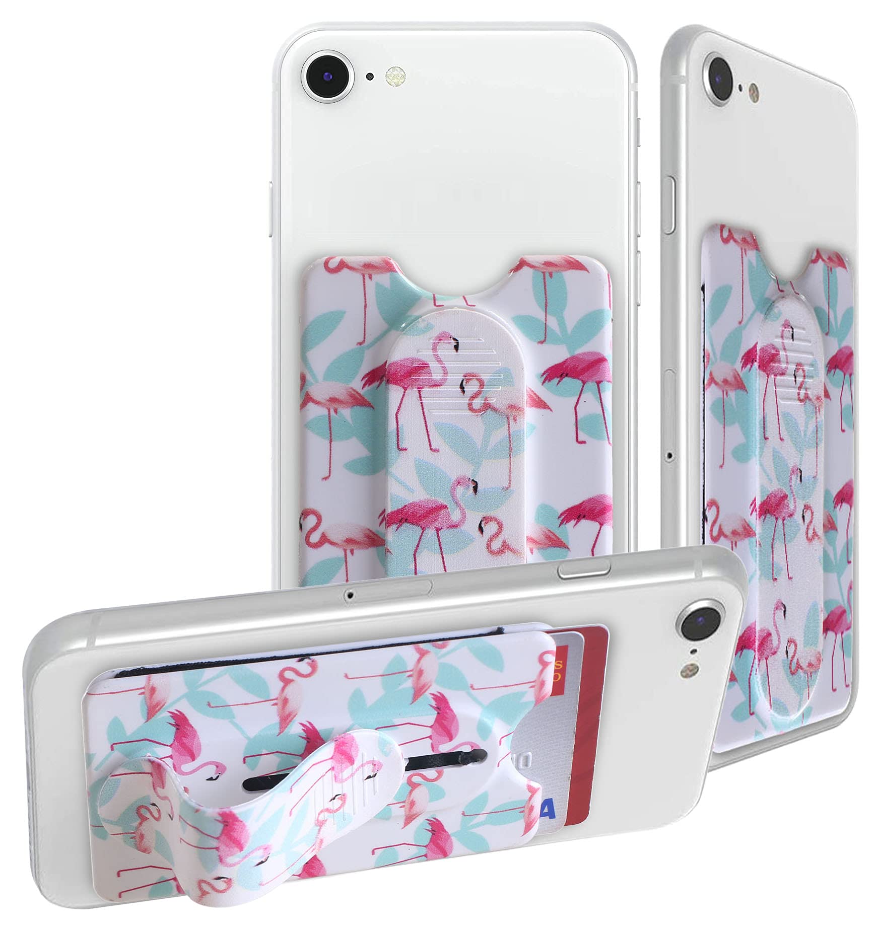 Detachable Phone Wallet with Kickstand & Grip - Wireless Charging Compatible for iPhone & Smartphones (Blue Flamingo) - Perfect for Selfies & Hands-Free Use