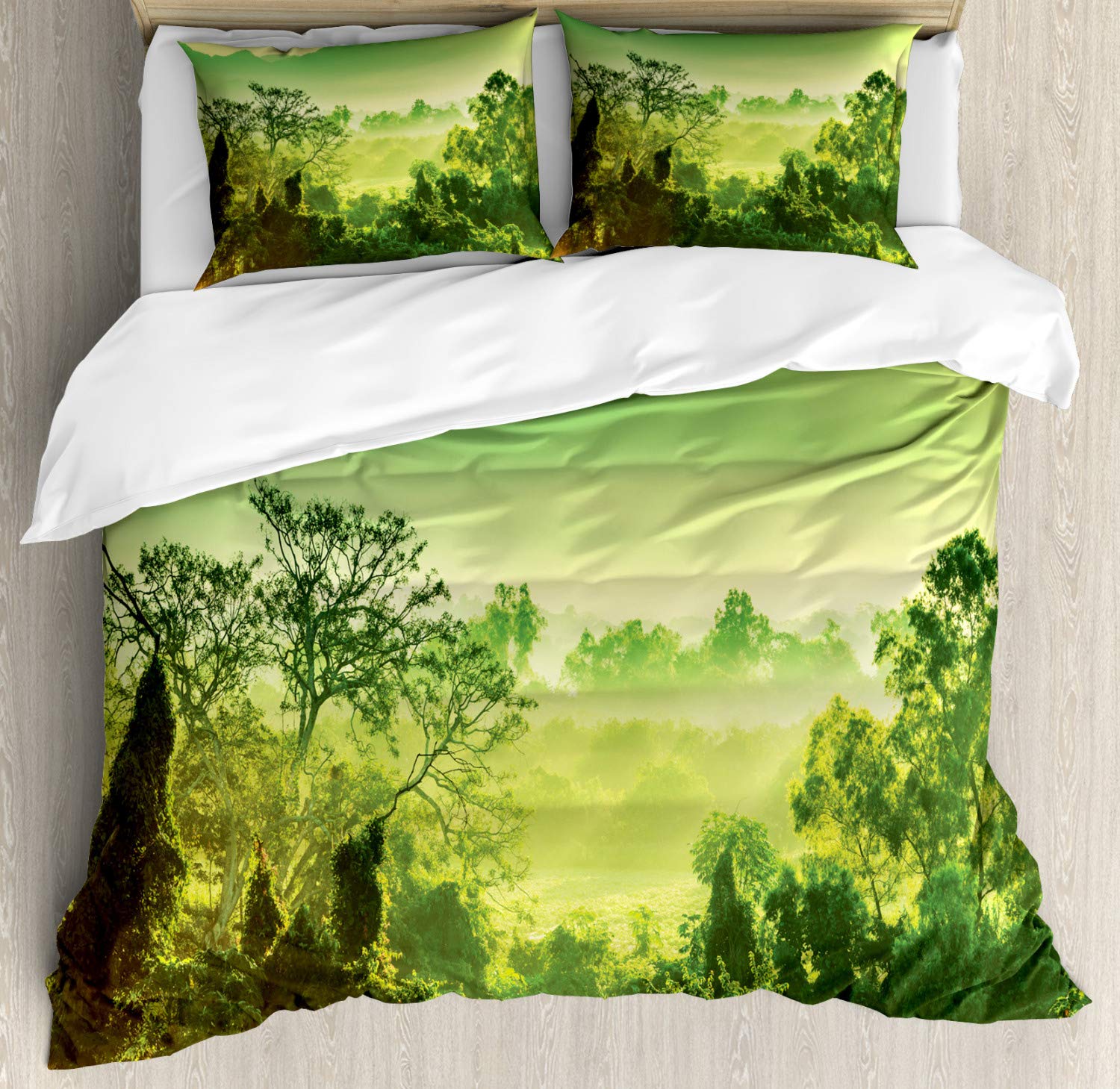 Ambesonne Nature Landscape Duvet Cover Set - Green Mountain & Trees Design, 3-Piece California King Bedding with 2 Pillow Shams in Lime & Yellow Green | Perfect for Bedroom Decor, Guest Rooms & Vacation Homes