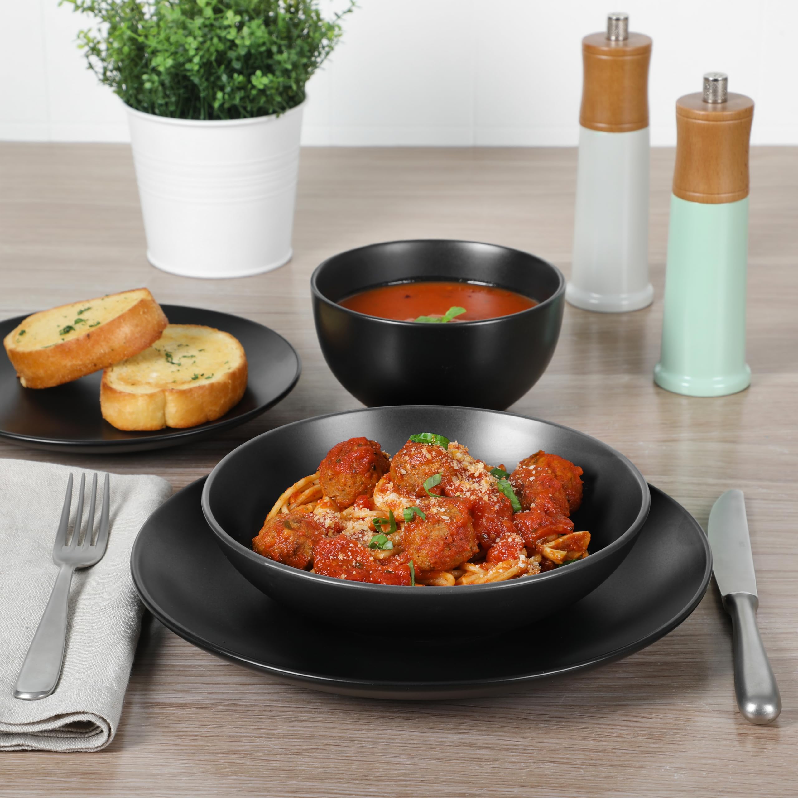 Gibson Home Queenslane 16-Piece Dinnerware Set - Matte Black Double Bowl Plates & Bowls for Everyday Dining, Family Meals, and Dinner Parties