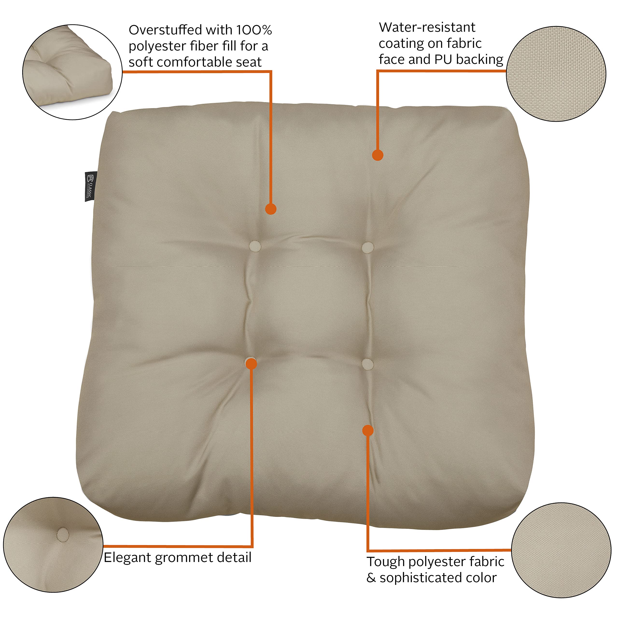 Waterproof 19x19x5 Inch Square Patio Seat Cushions - 2 Pack Khaki Outdoor Furniture Cushions for Garden, Deck, Poolside & Patio Lounge Chairs - Classic Accessories